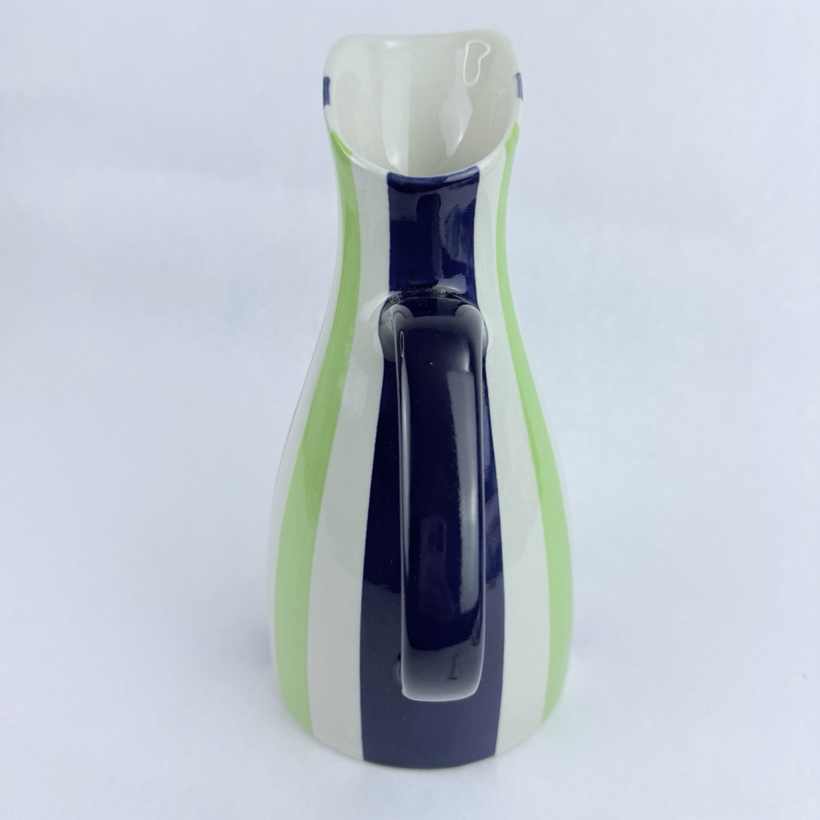 Vintage Jonathan Adler Ceramic Pitcher Pot Porter Green Blue White Stripes 9.5”