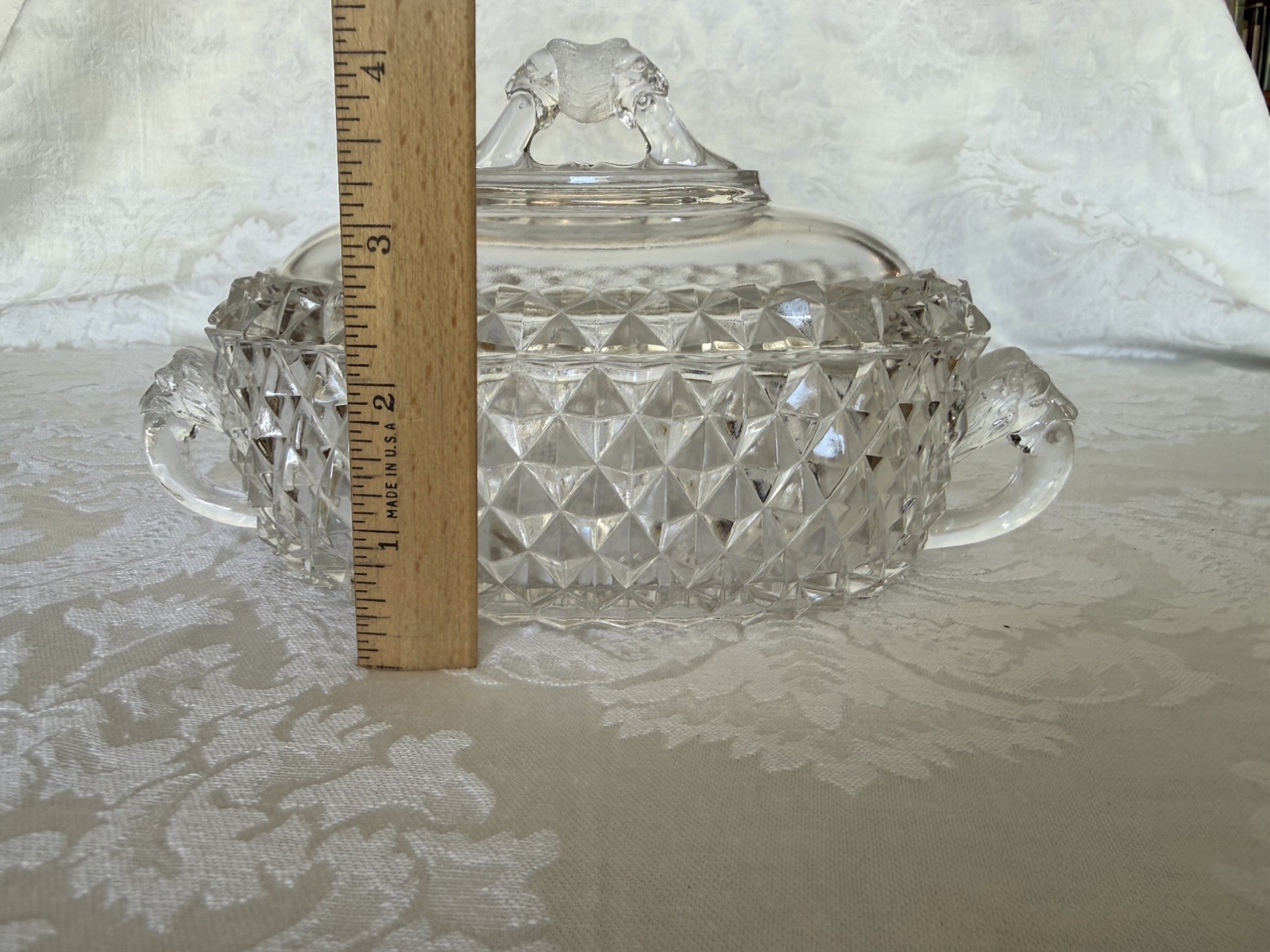 EAPG small serving dish w/lid. Lion handles. Bryce Bros. AMAZON pattern. c. 1890
