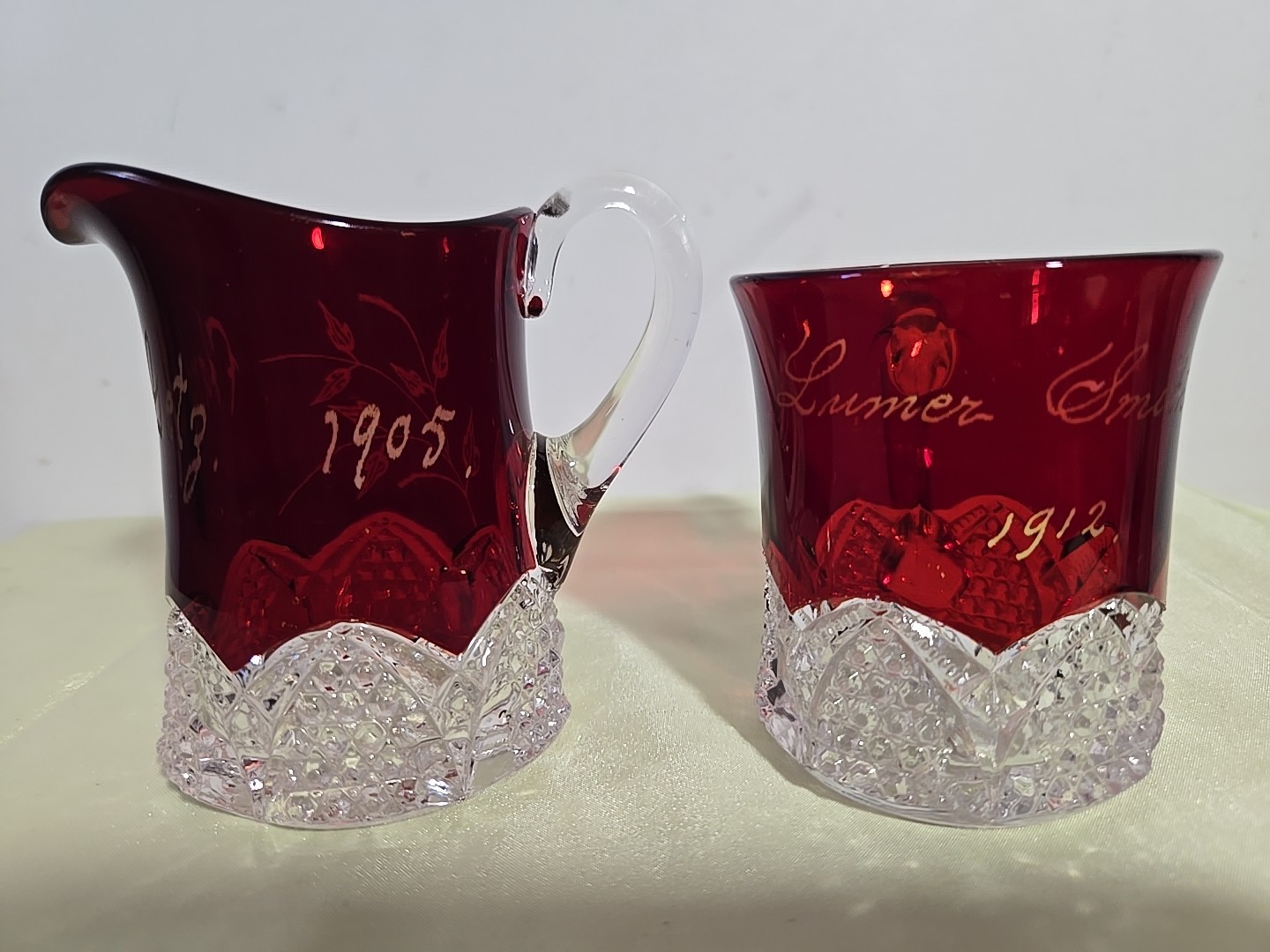 Antique Ruby Red Flash Glass Mugs Cup Stuvenires,1905,1912.