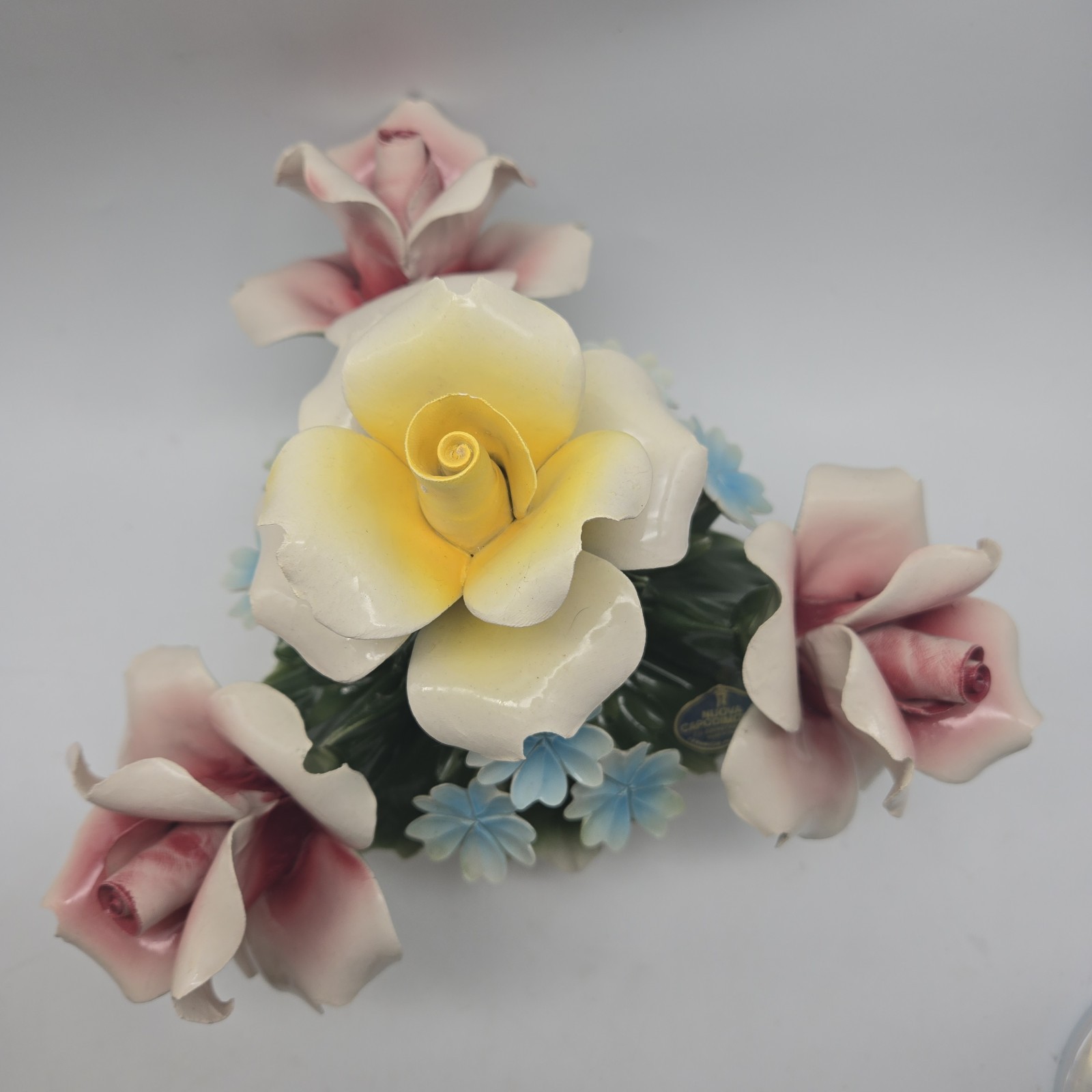 Capodimonte Italy Pink Yellow Roses Blue Ceramic Flowers Nuova Centerpiece Vtg