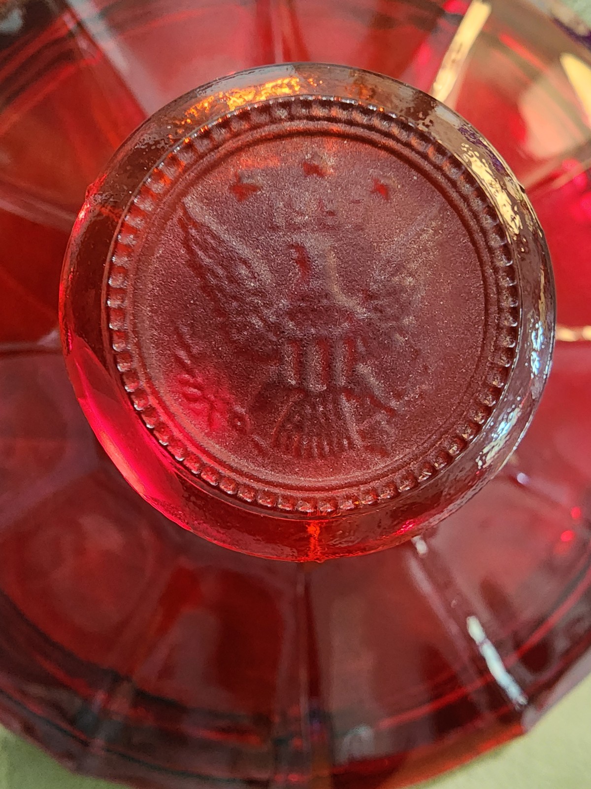 Vtg.Fostoria Coin Glass Ruby Red Covered Candy Dish w/Liberty Emblems 6.5Wx4.25H
