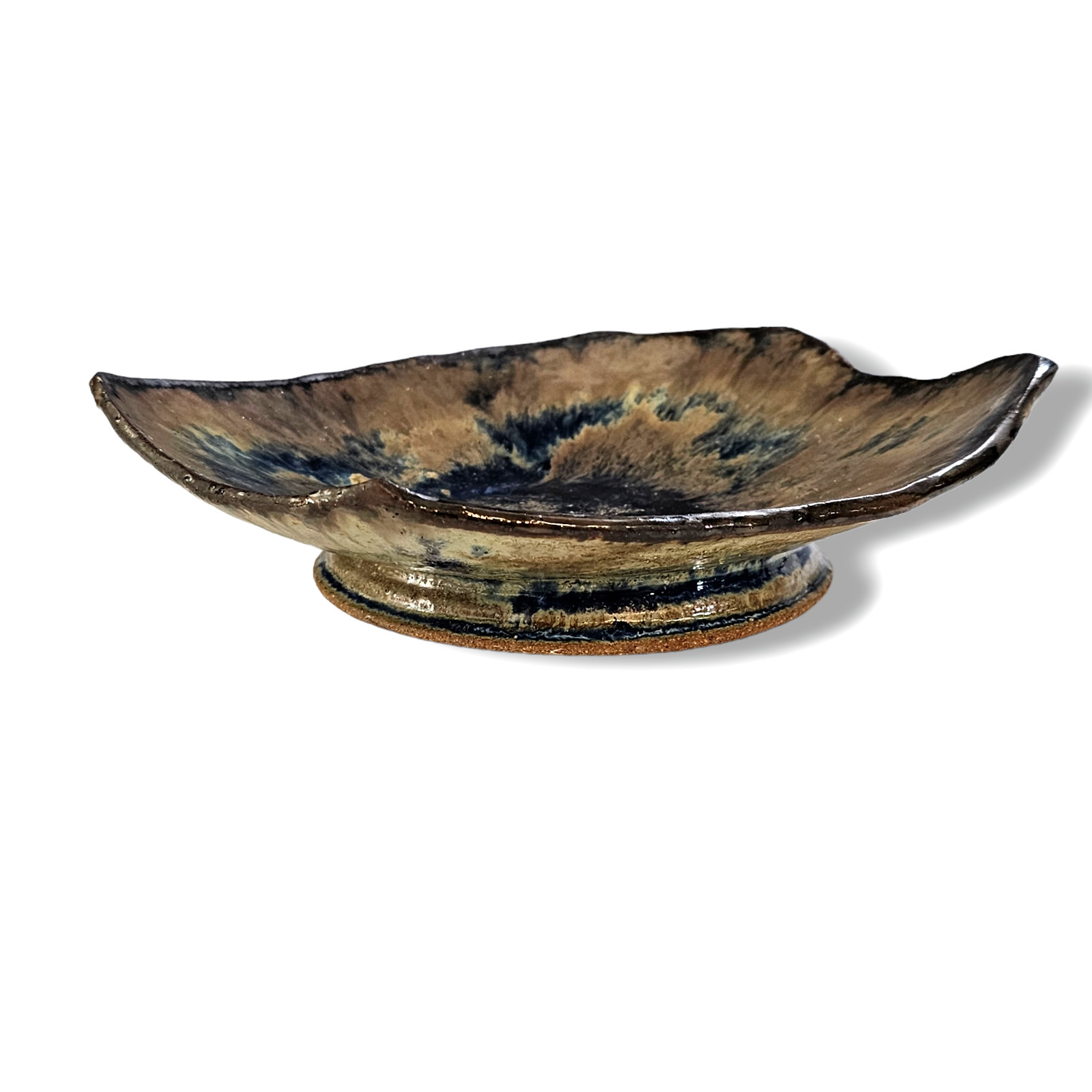Vintage Studio Art Pottery Raised Footed Bowl Ceramic Blue Brown Signed 8.5″