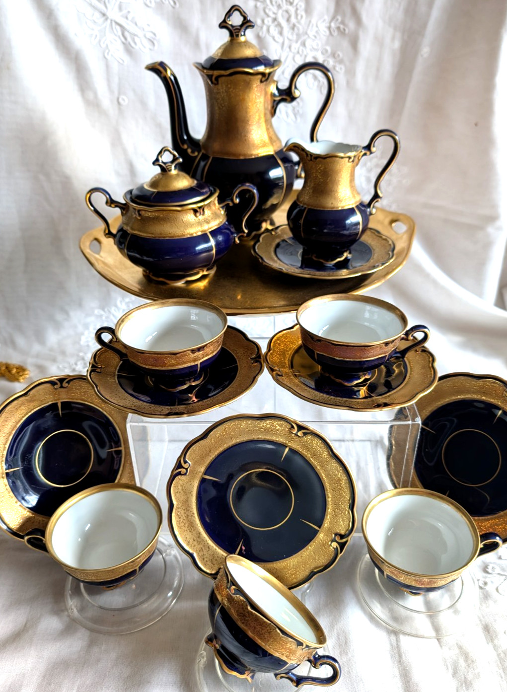 VINTAGE GRAF VON HENNEBERG PORZELLAN ILMENAU GERMANY ECHT KOBALT COFFEE SET 15pc