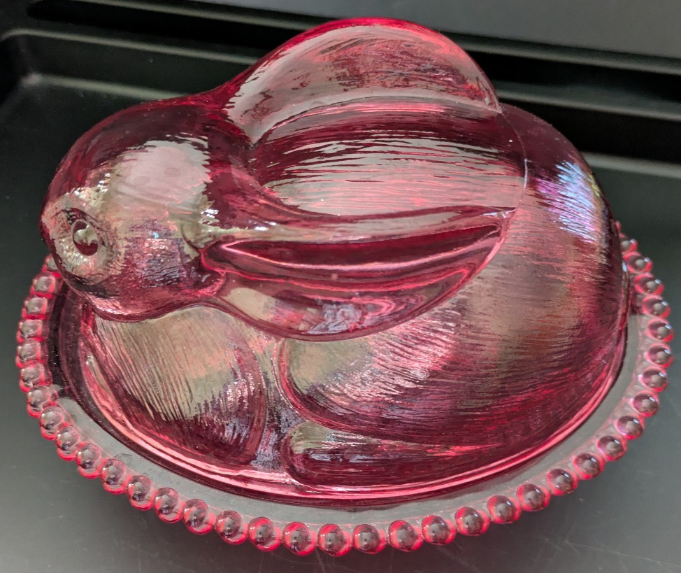 Vintage Indiana Glass Cranberry Pink Bunny Rabbit On Nest Covered Candy Dish.