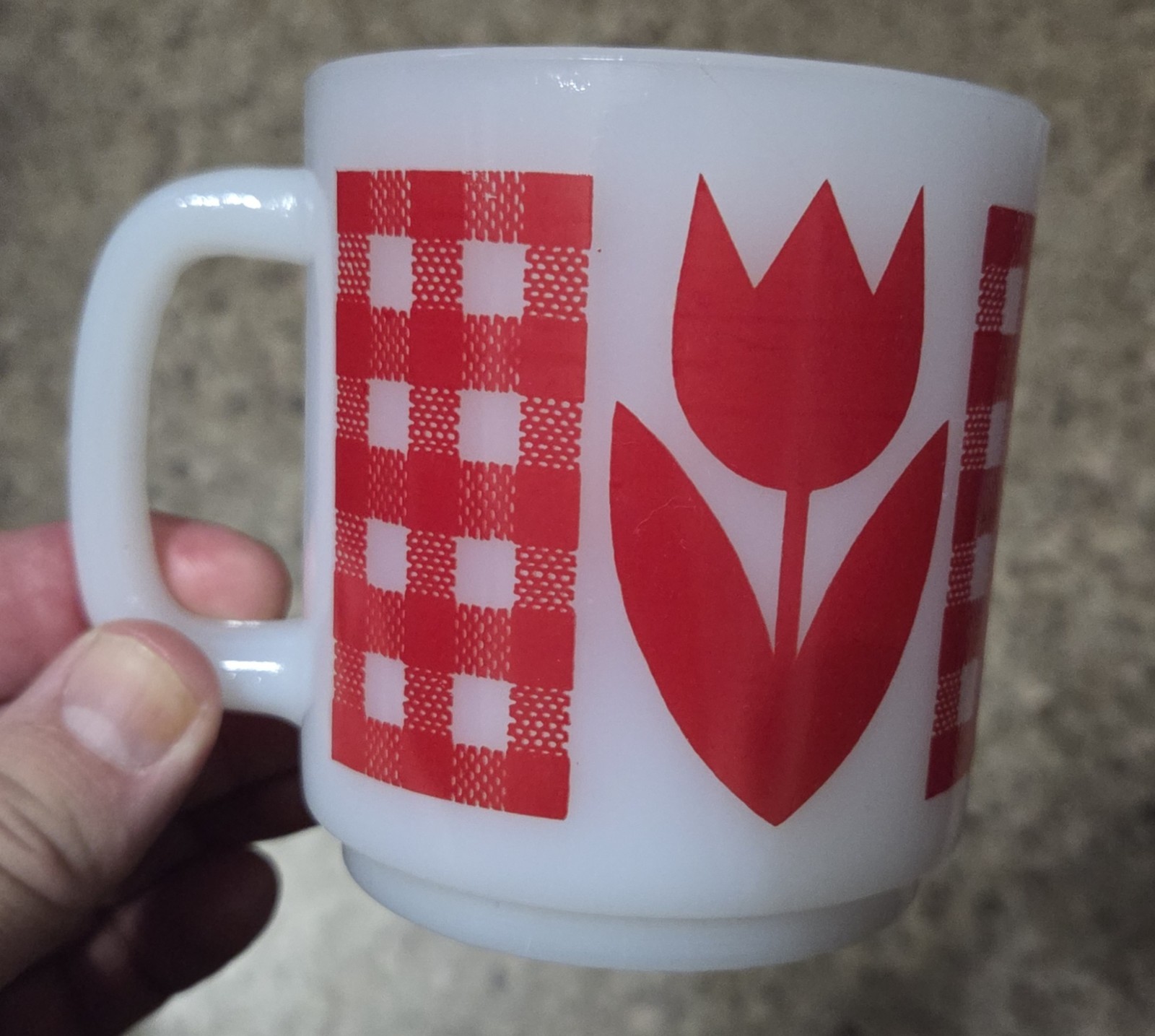 Vtg Termocrisa?Jeannette Glasbake? Coffee Mug Red Tulip Gingham 1960’s-70’s