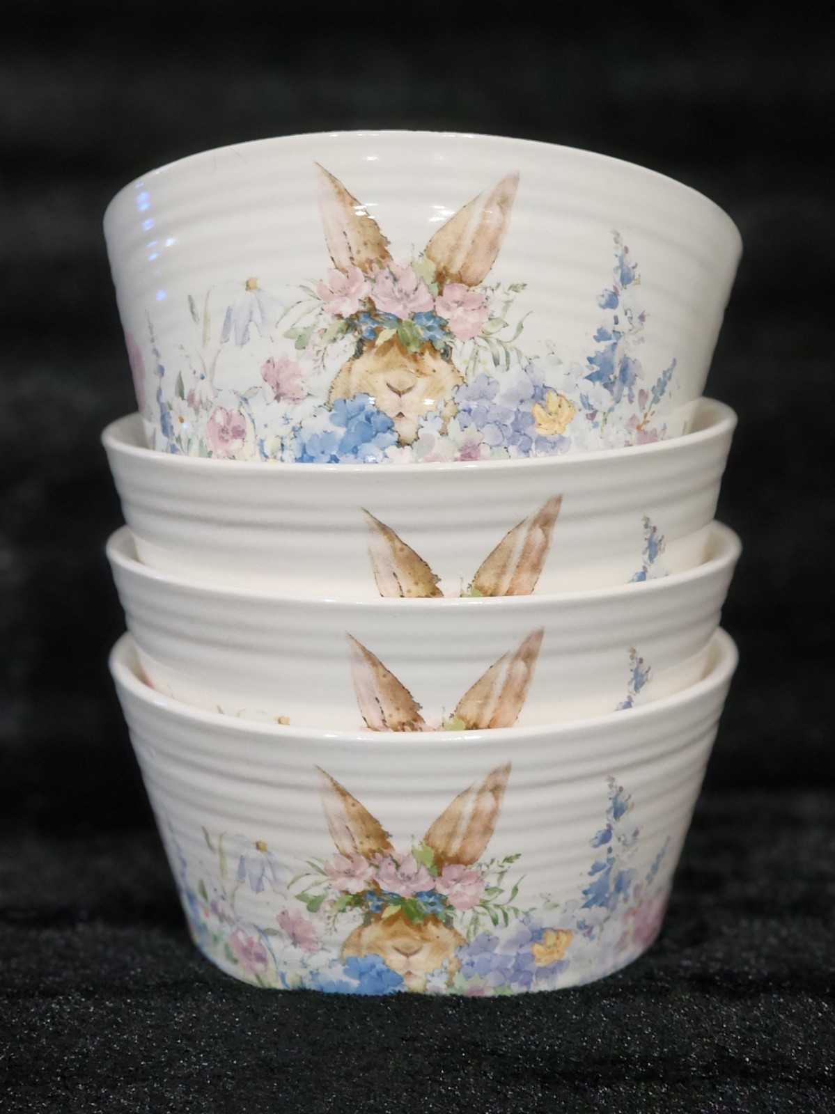 4 Watercolor Peeking Bunny & Flowers Cereal Bowls 6″ Ceramic Easter Flower Crown
