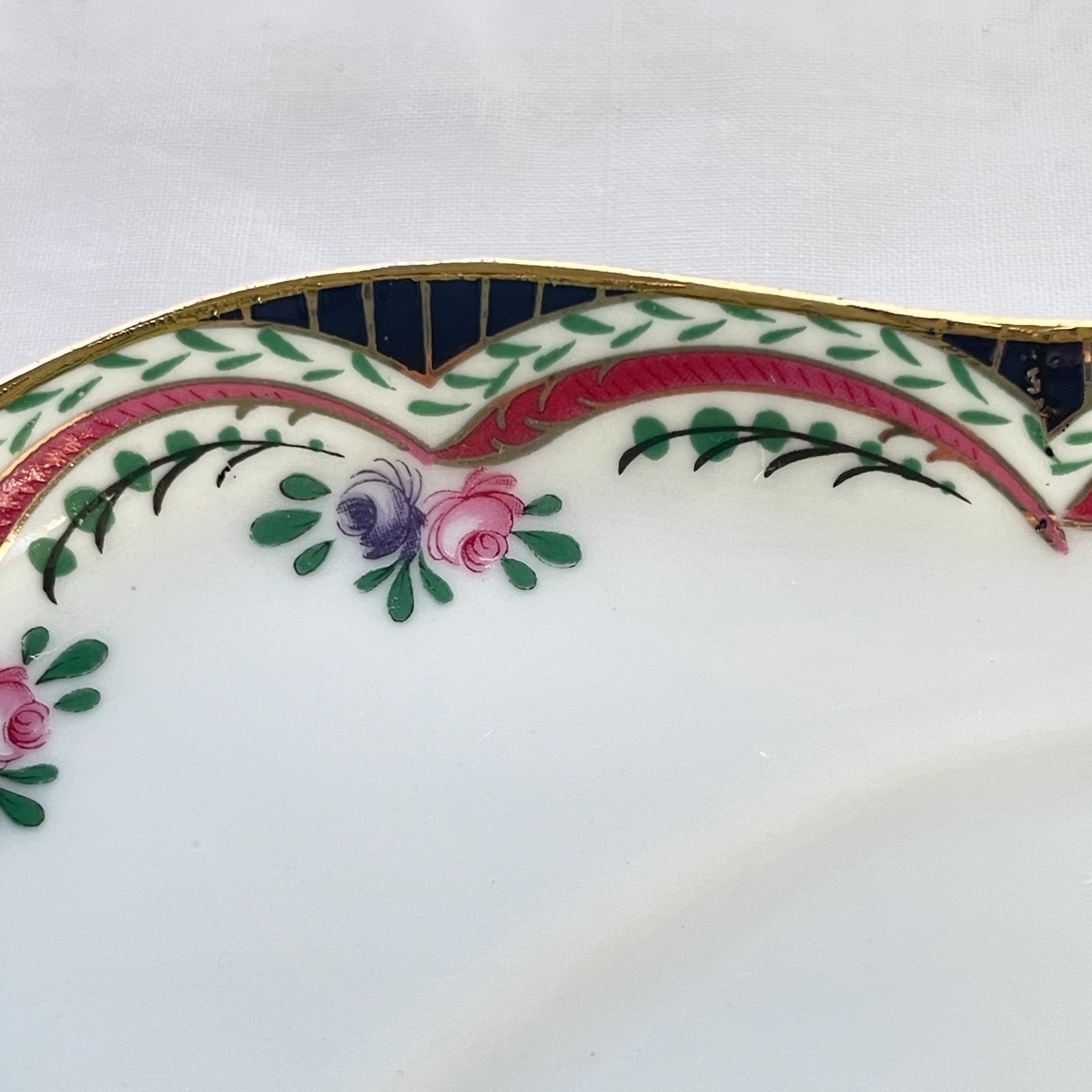 Vintage China Heart Shaped Coffee Cup & Saucer Cobalt Rim Rose Swags Gold Handle