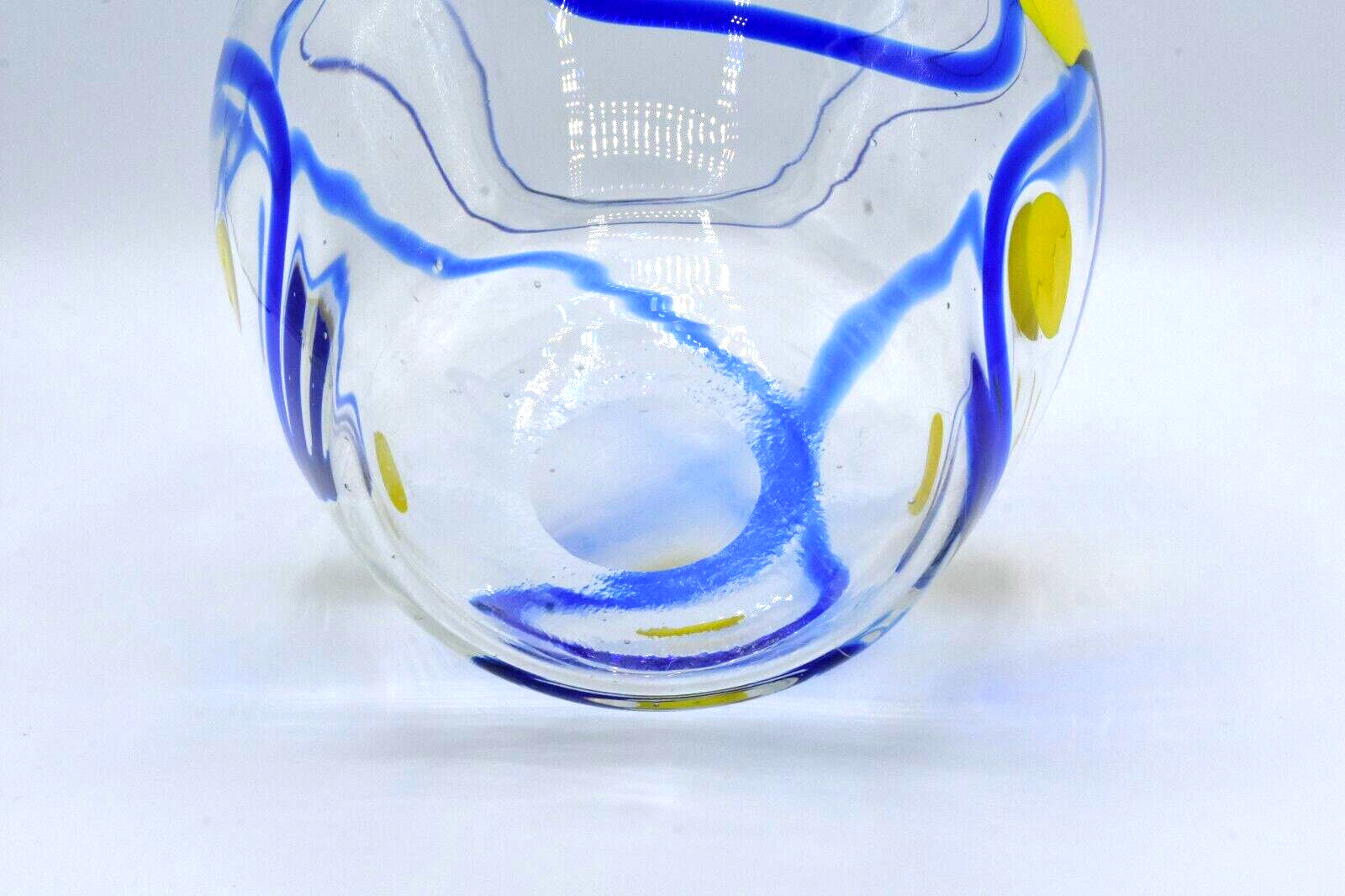 Hand Blown Art Glass Vase Clear with Cobalt Blue Swirls Yellow Spots Mexico?