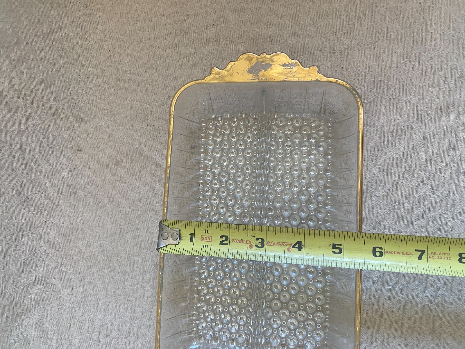Vintage Clear Glass Rectangular Platter Tray Gold Trim Handles Diamond Pattern