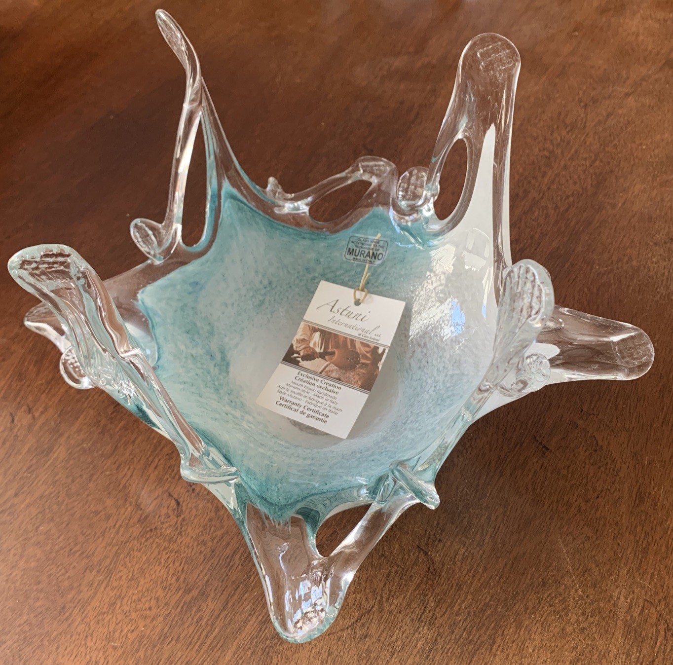 Murano Style Art Glass Mouth Blown Bowl Teal Aqua Blue White Exquisite All Tags