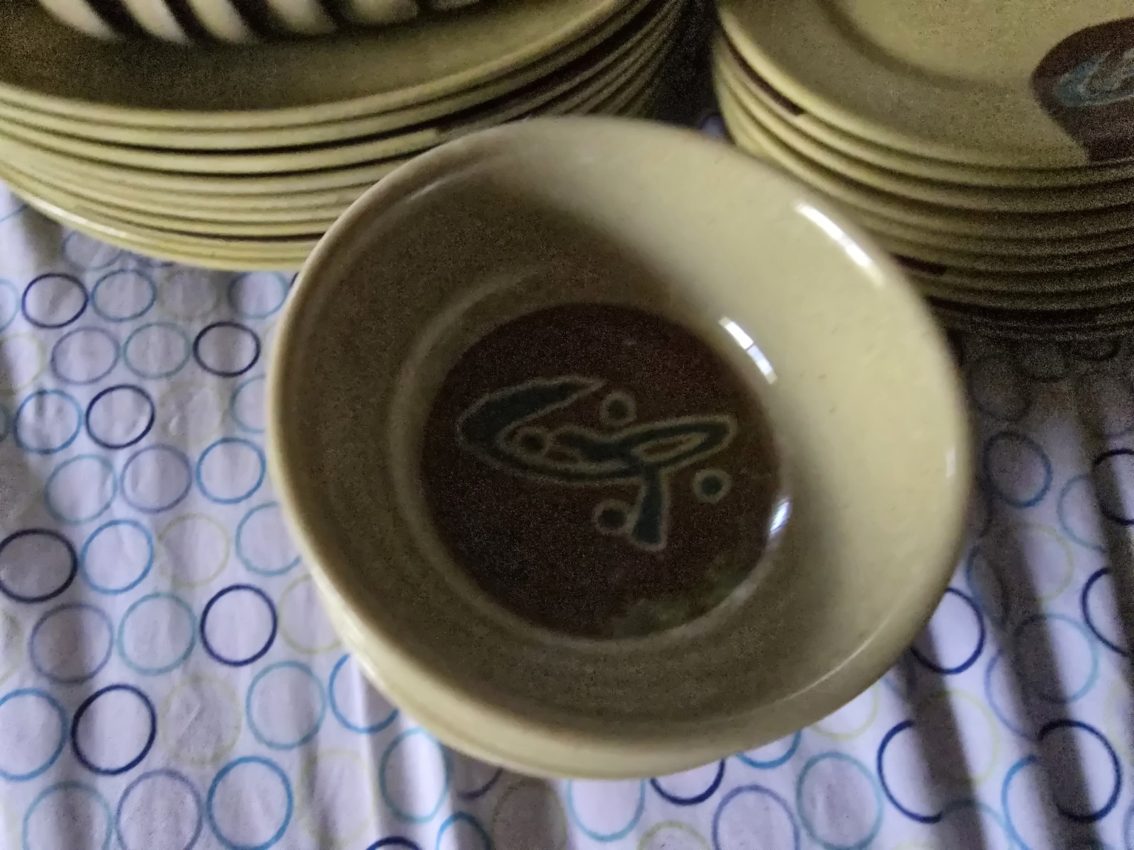 Beige Brown Blue Abstract Glossy Stoneware Dinner Set, Round Plates & Bowls