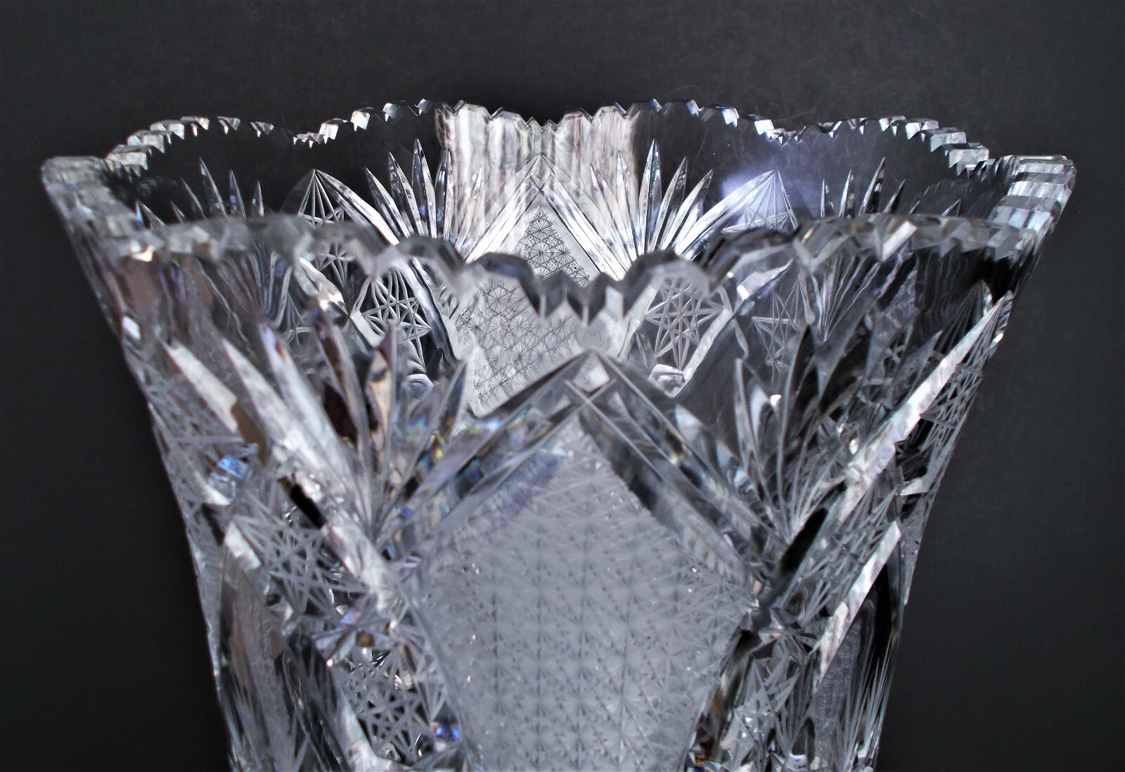LARGE 16″Tall x 9 1/2″ Top x 5 1/2″ Base ABP Cut Glass Vase – 14 Pounds Heavy