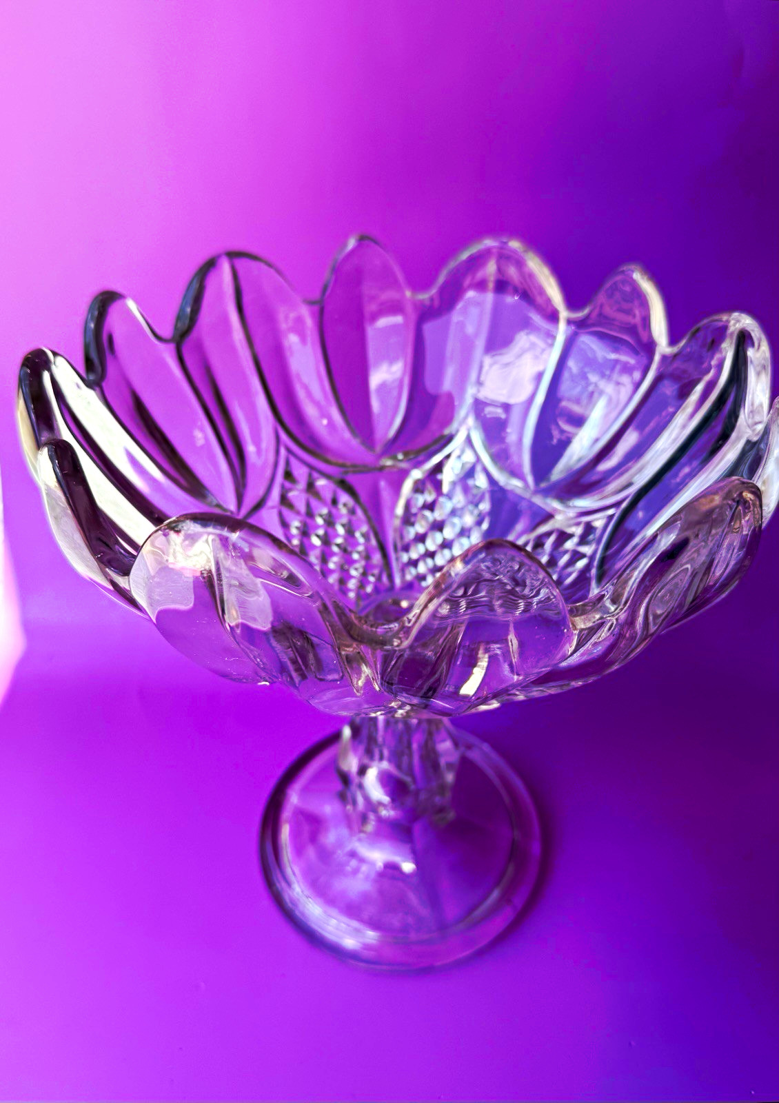 EAPG Glass Pedestal Compote Bowl Round, Scalloped Rim Excellent Condition, Heavy