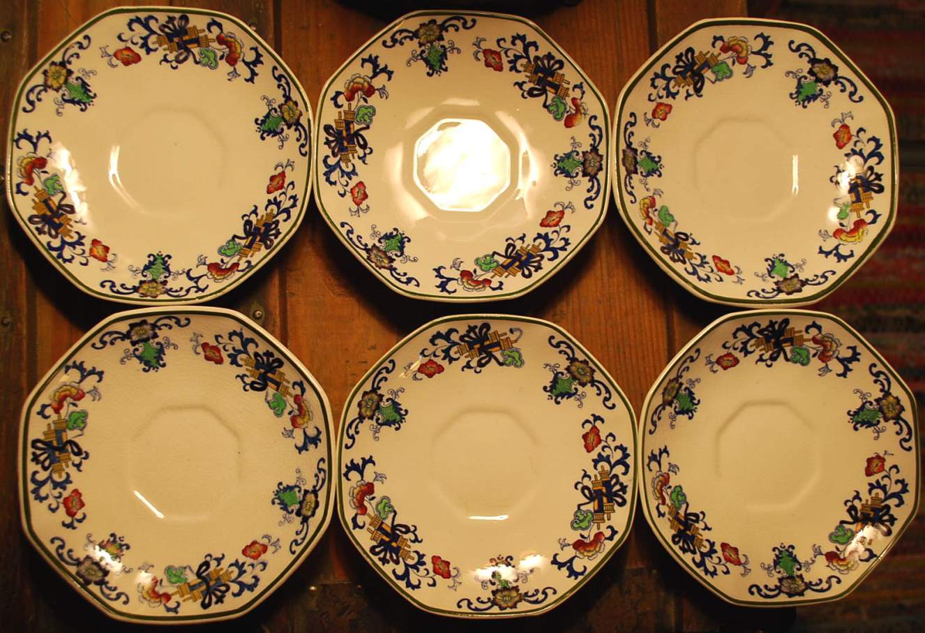 Antique Set 6 Cups & Saucers ‘NANKIN’ ROYAL DOULTON England GREEN TRIM Octagon