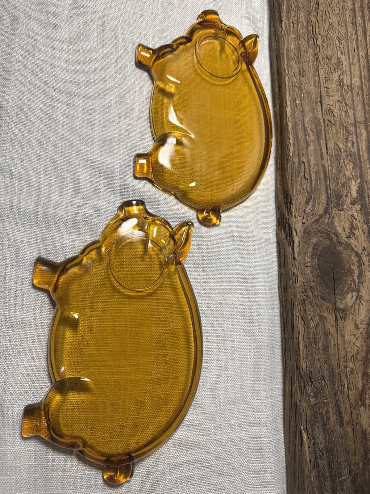 2 Set Of Vintage Amber Tiara Pig Shaped Snack Plate Cup Holder By Indiana Glass