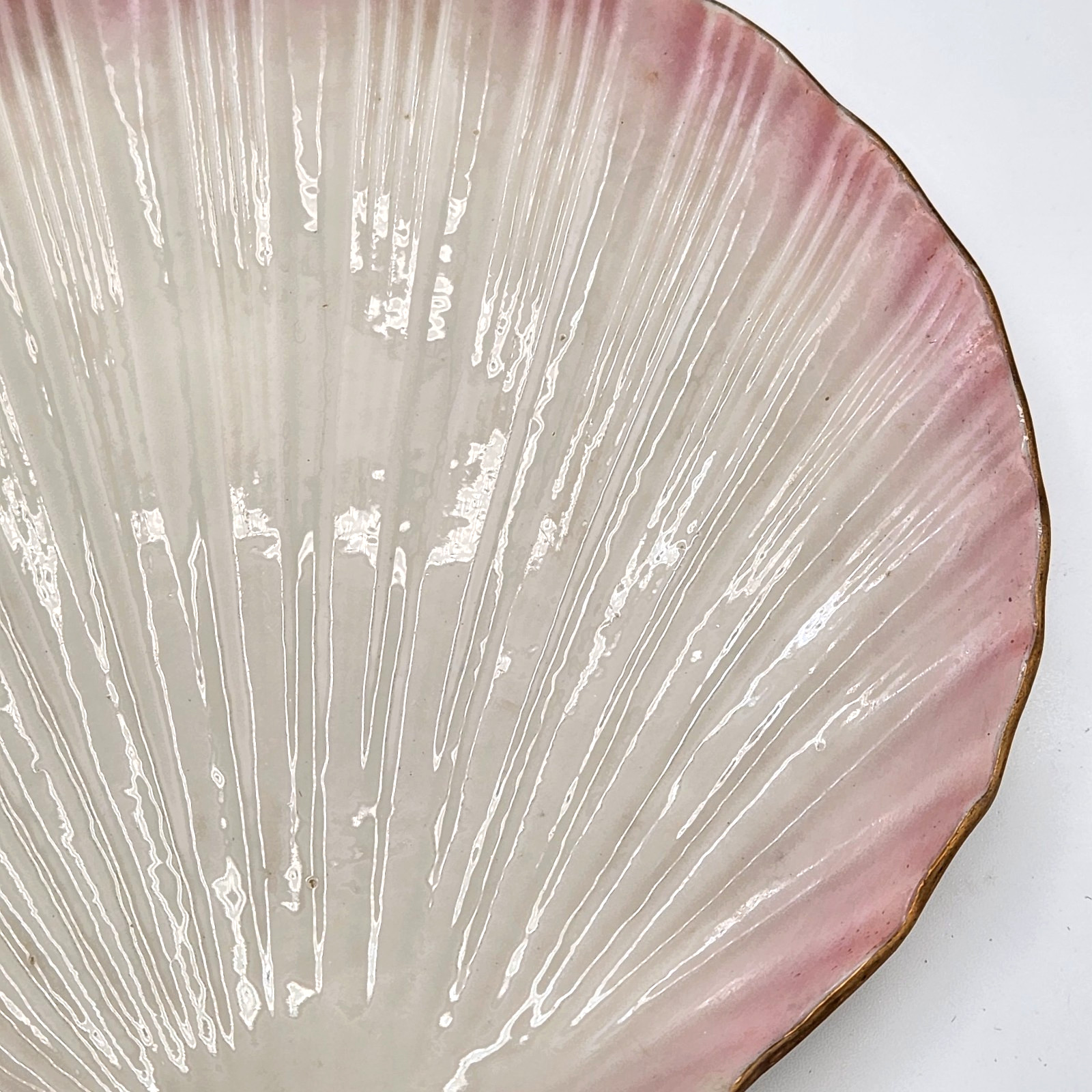 Antique Belleek 8.25″ Tridacna Shell Plate Pink Luster & Gold ,2nd Black Mark