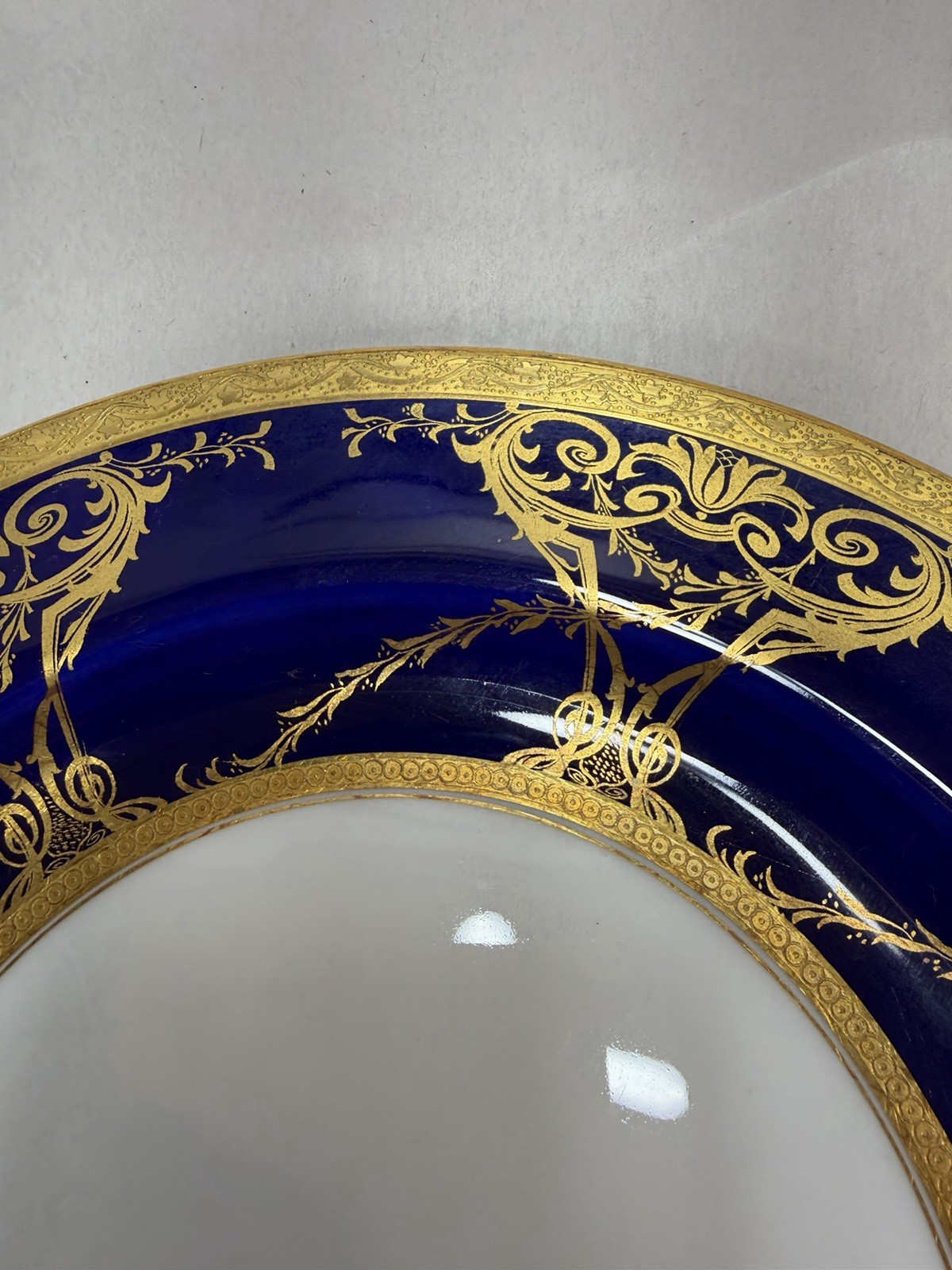Antique Minton Porcelain 2 Dinner Plates w Raised Cobalt Blue Gold Rim 10 1/8 in