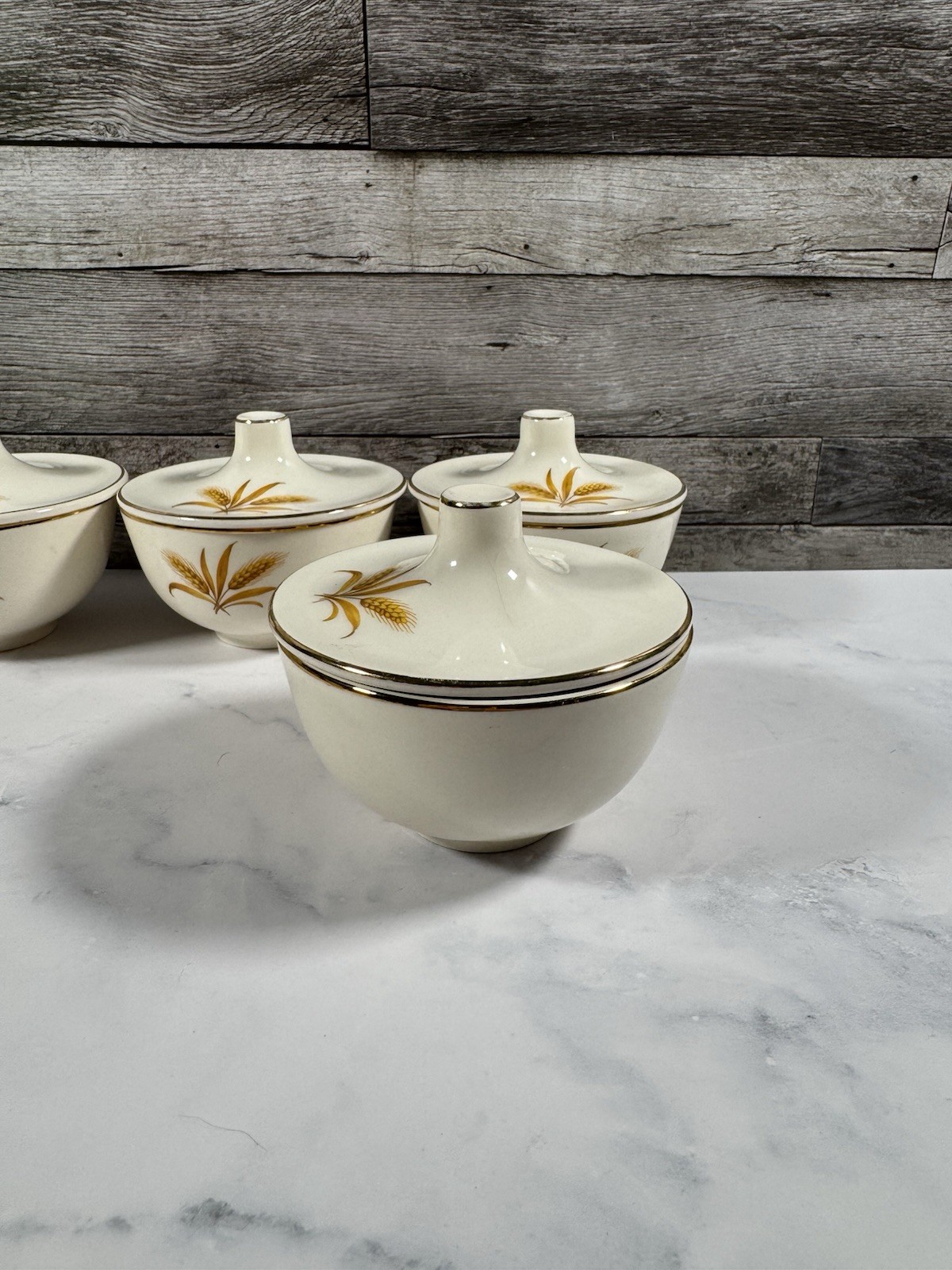 Taylor Smith Taylor Wheat Sugar Bowls Set of 4 Lidded Soup Bowls 1950s
