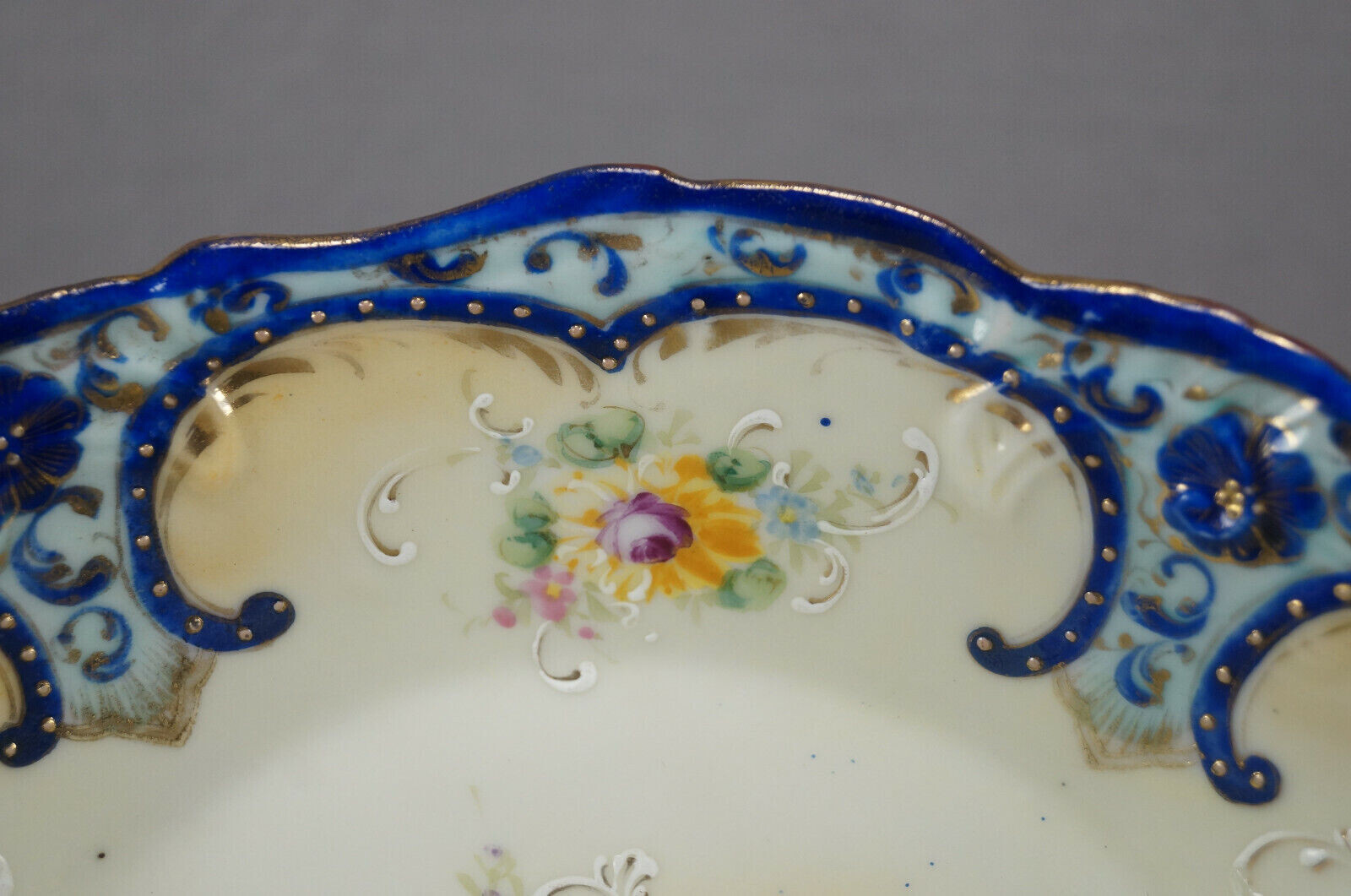 Nippon Hand Painted Floral Cobalt Blue Yellow & Gold Beaded & Scrollwork Bowl