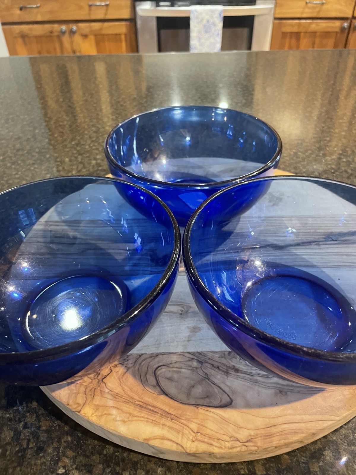 Beautiful Cobalt Blue Glass Cereal Salad Bowls, Thick, Mexico, set of 3, EUC