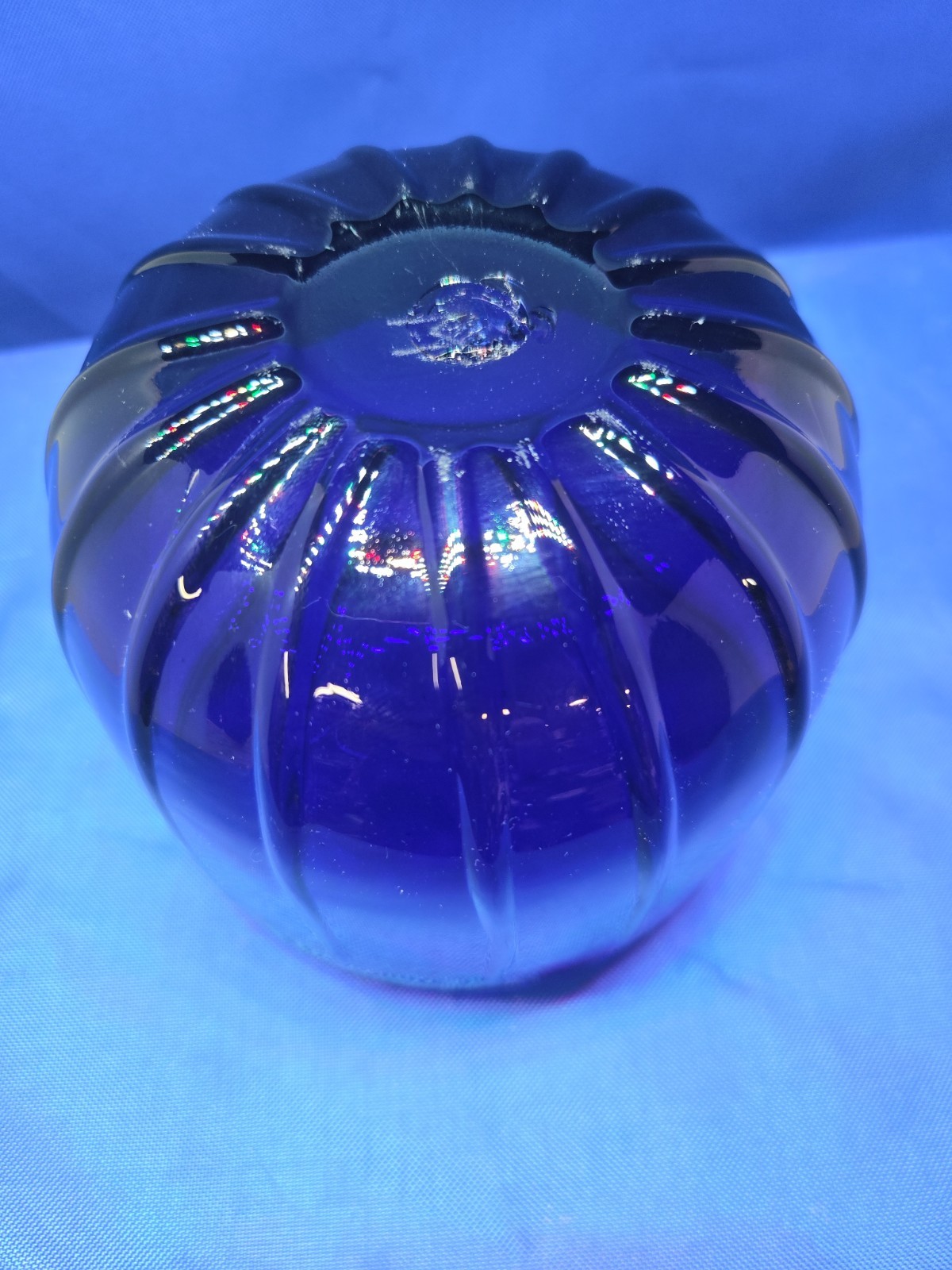 Vintage Hand Blown Cobalt Blue Glass Ribbed Bowl Pontil Base Art Glass
