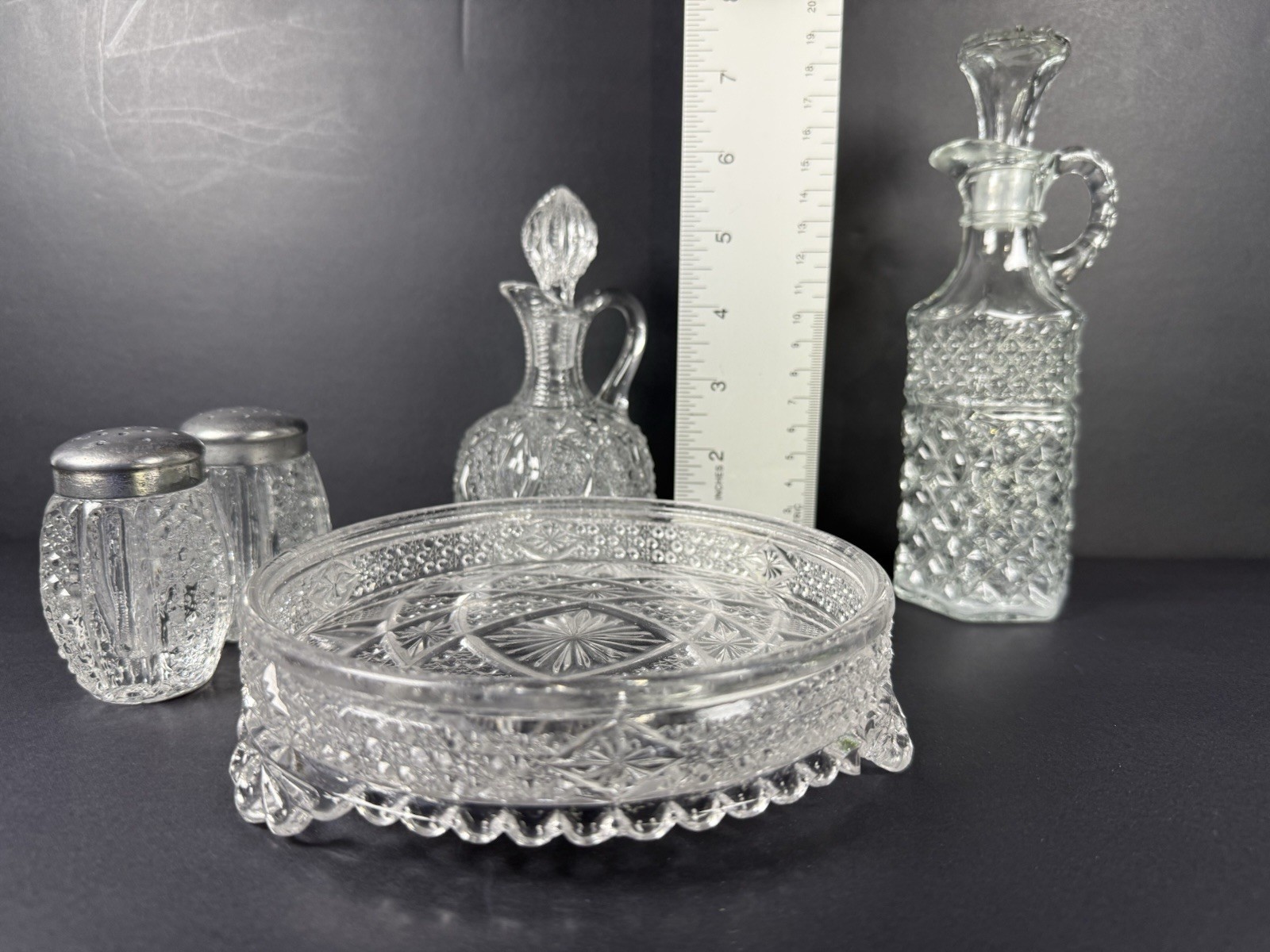 Vintage Pressed Glass Cruet, Decanter, Salt & Pepper & Relish Tray Lot of 5