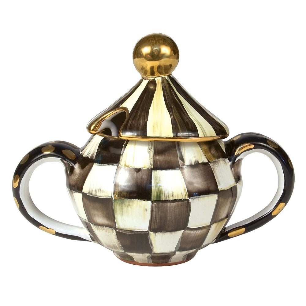 Mackenzie Childs Courtly Check ceramic sugar bowl & lid USA 8 oz. 5.5″ H New!