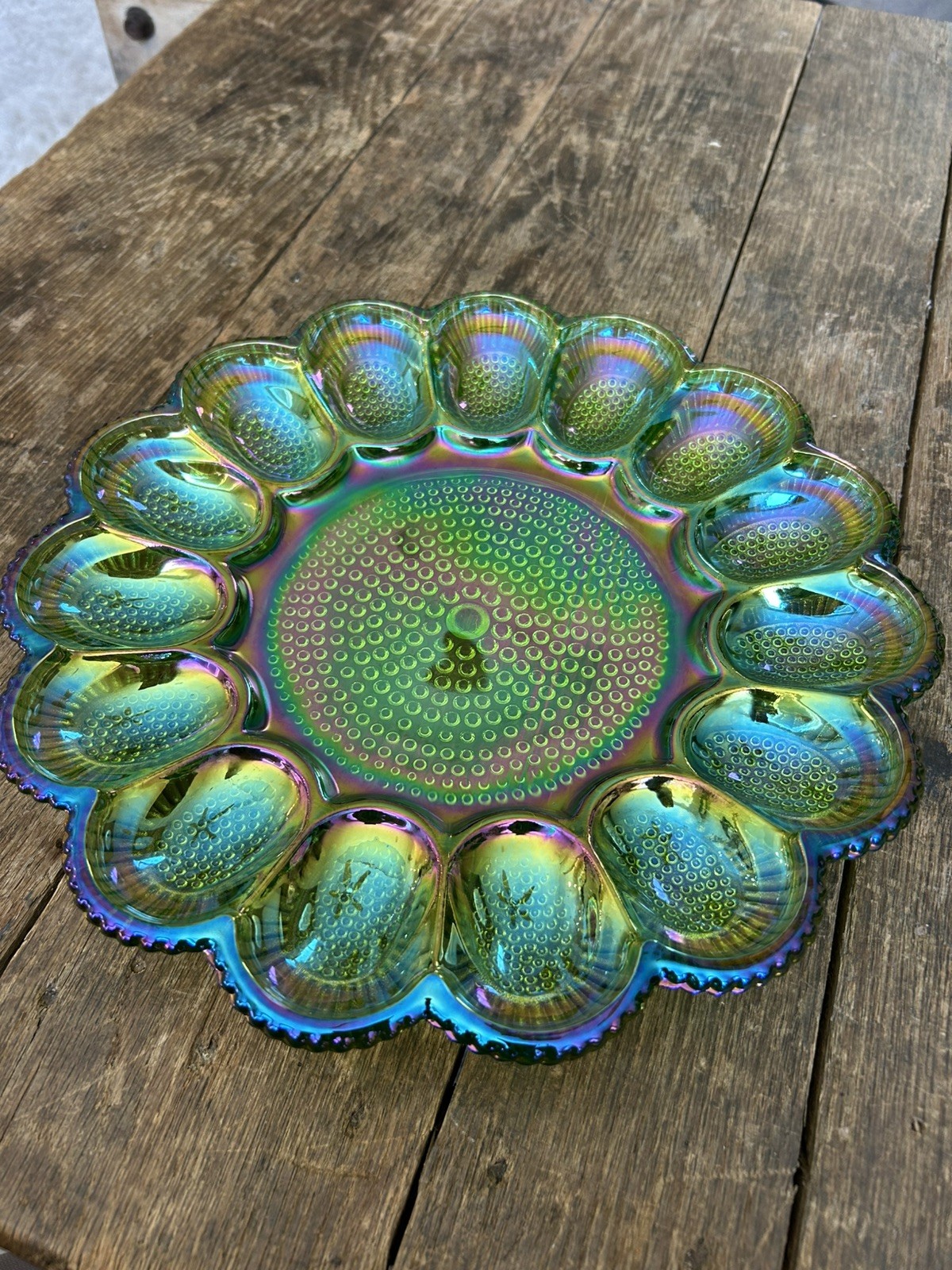 Indiana Glass Iridescent Green Carnival Hobnail Thousand Eye Egg Plate Perfect