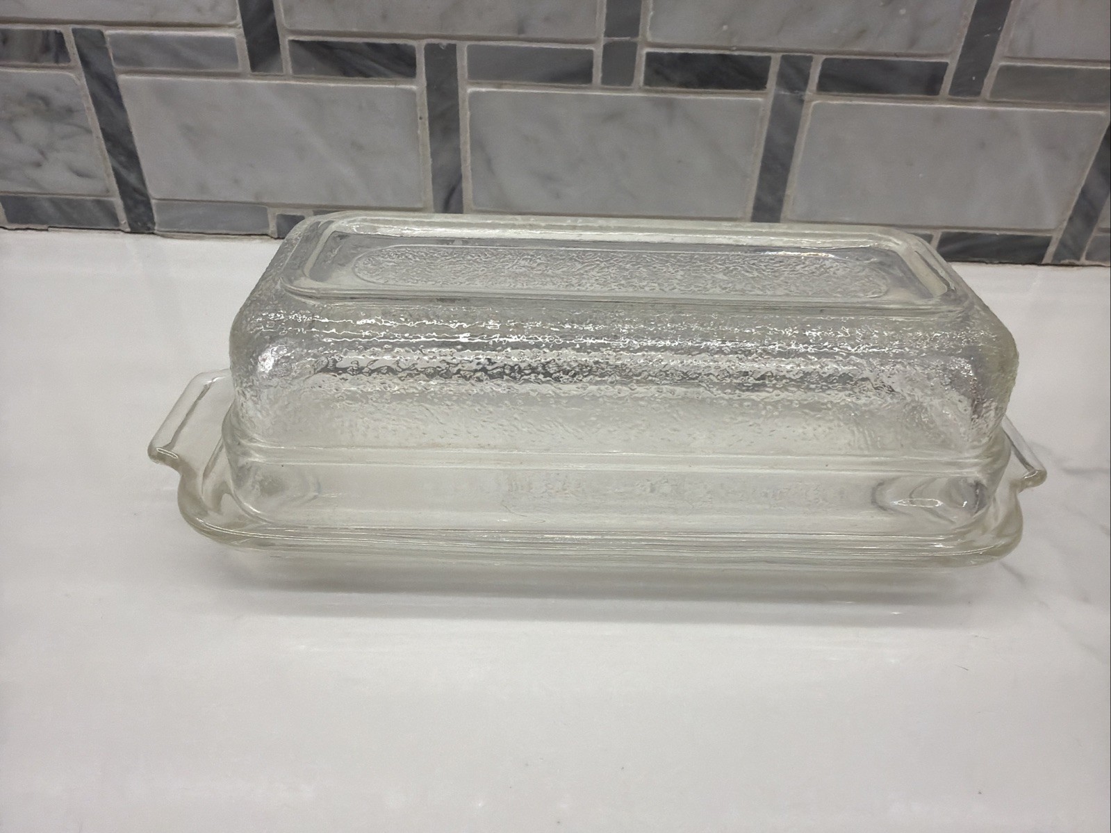Vintage Fire King Butter Dish With Lid Textured Clear Glass 6 1/2 Inches