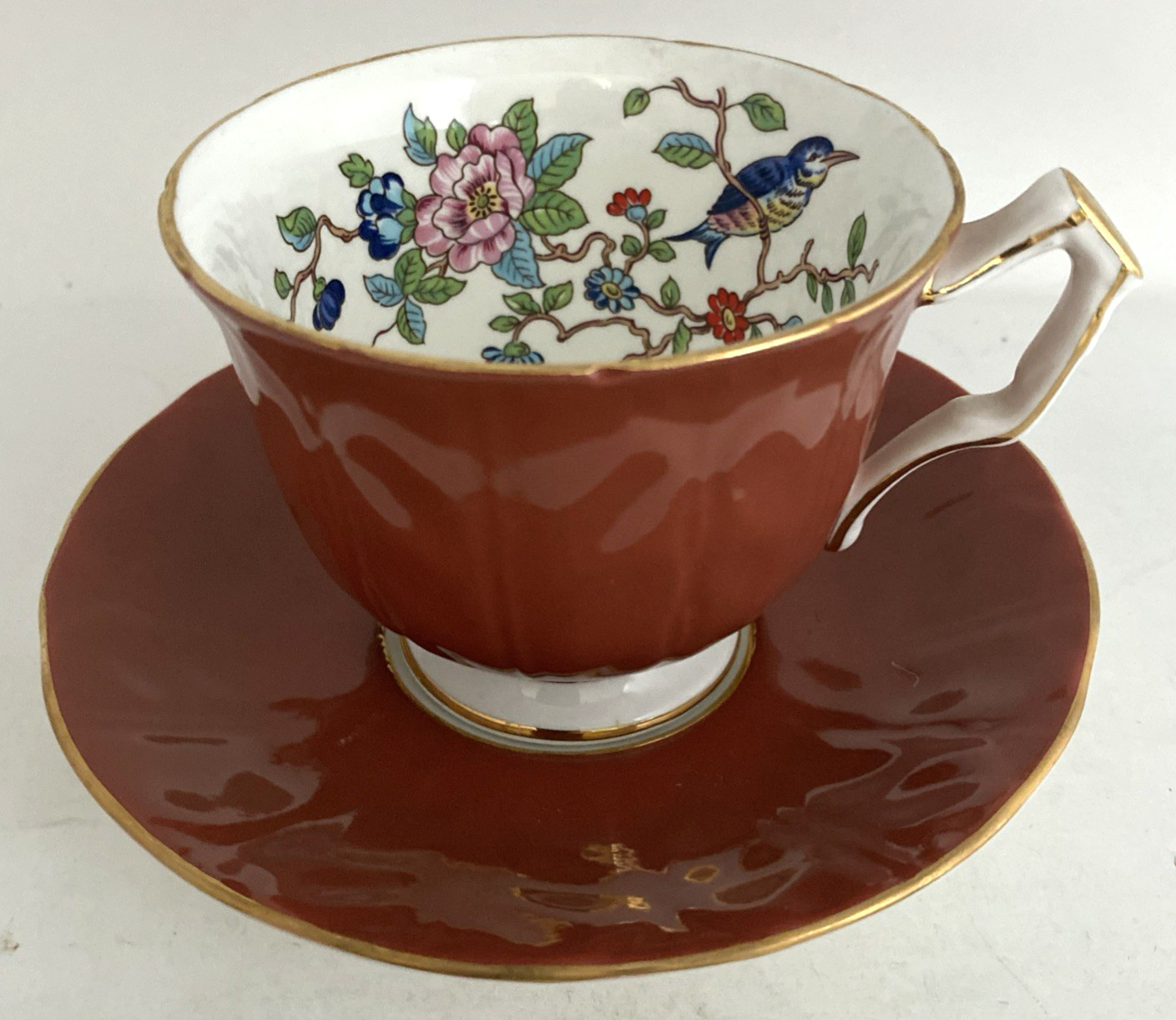 2- Aynsley Pembroke Teacups And Saucers Rust And Blue w/ Gold Trim