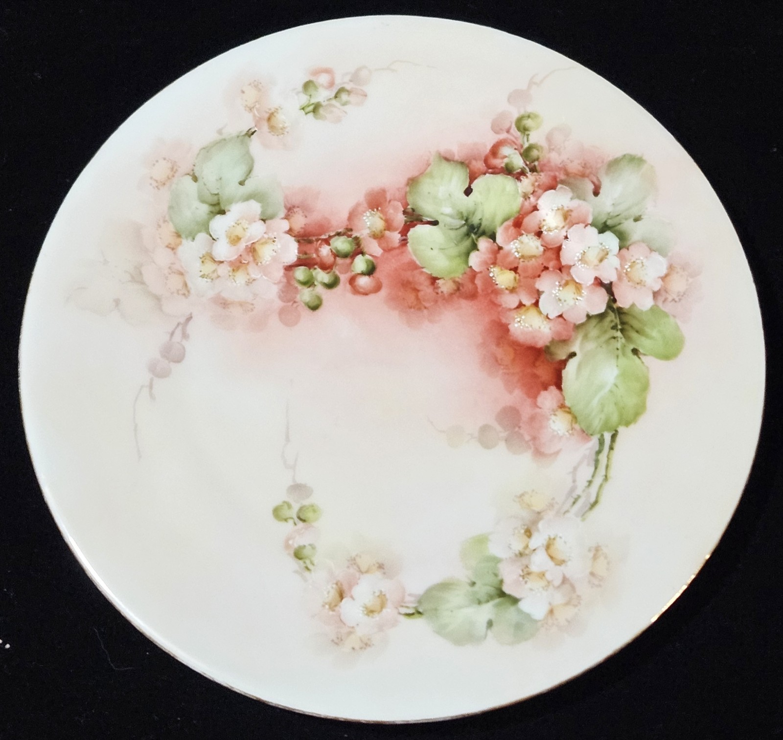 Antique White Pink Green Floral Plate Hand-painted Porcelain Cottagecore