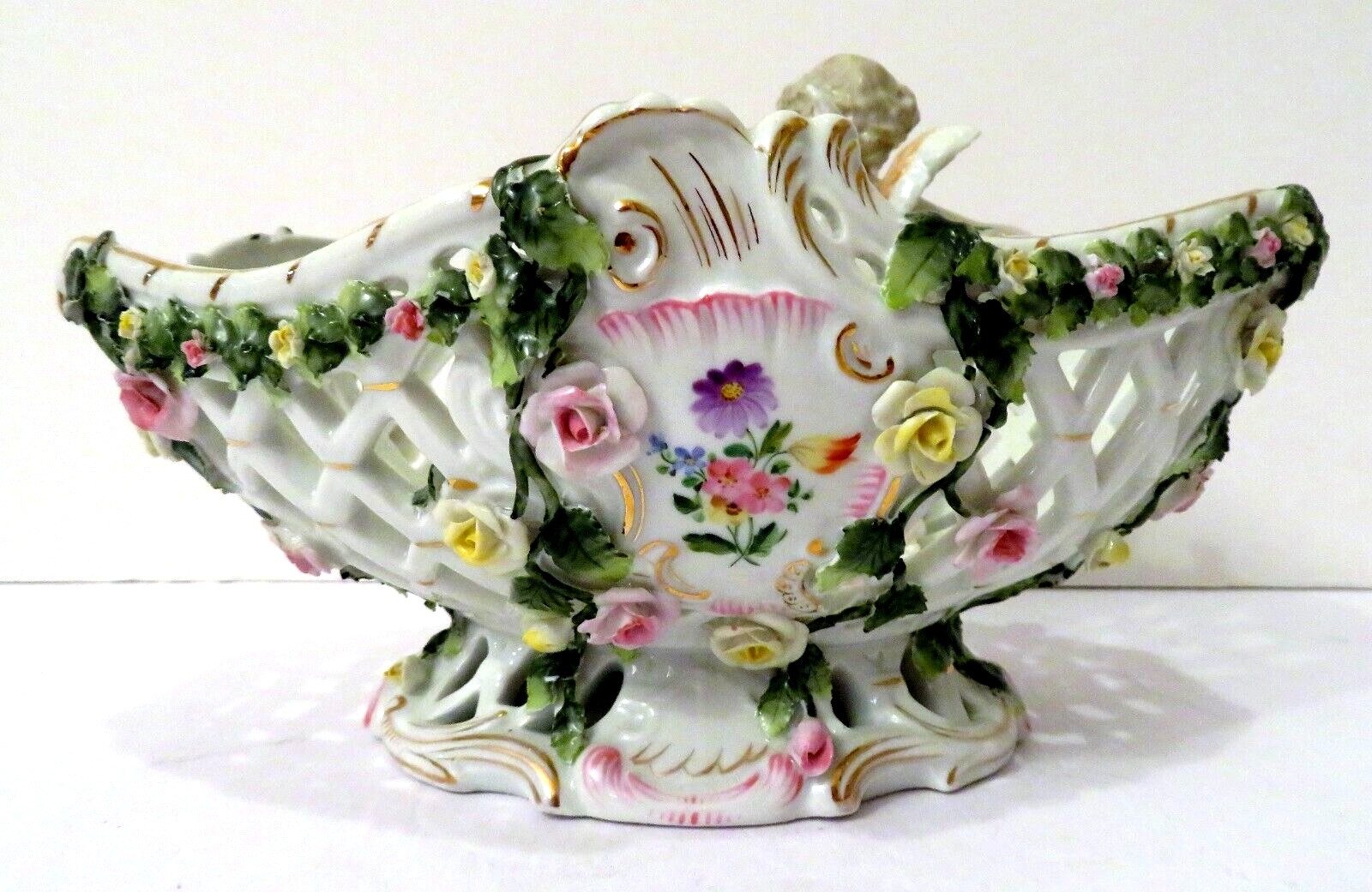 Von Schierholz Antique German Dresden Porcelain 10x10x7 Cherub Bowl Vase Basket