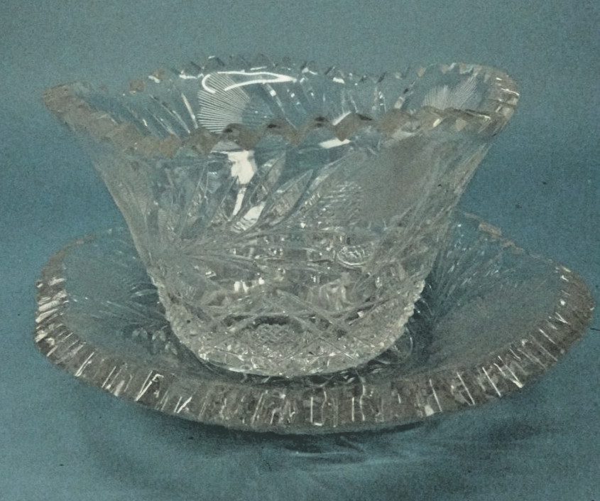 Antique American brilliant Period Cut Glass Mayonnaise Bowl w/ Under Plate