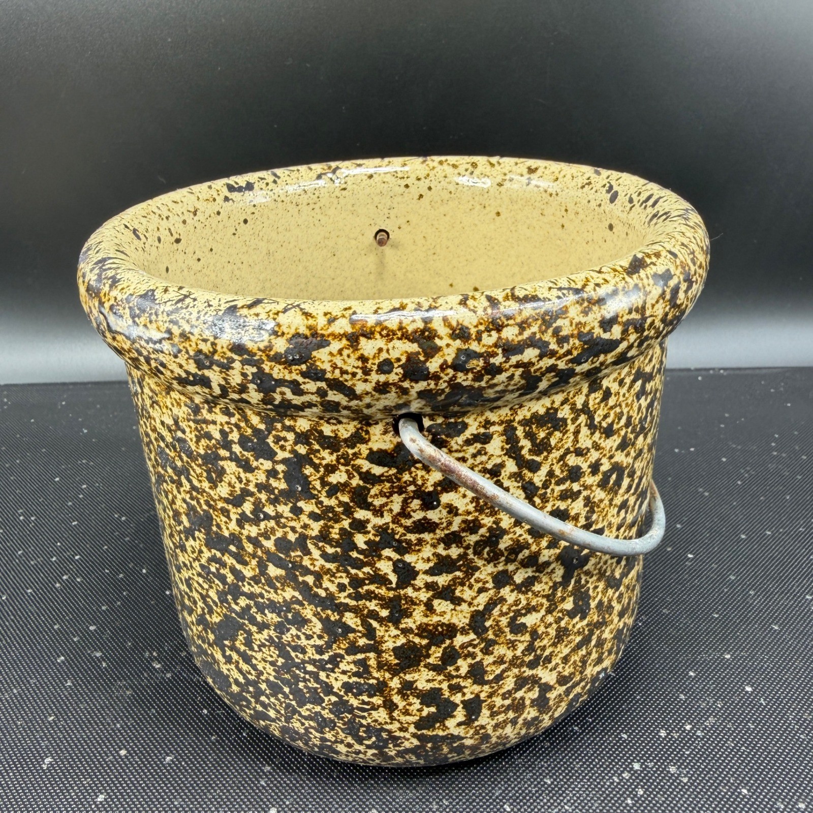 Moira Pottery England Ceramic Crock Spatterware Planter Metal Handle Brown Tan