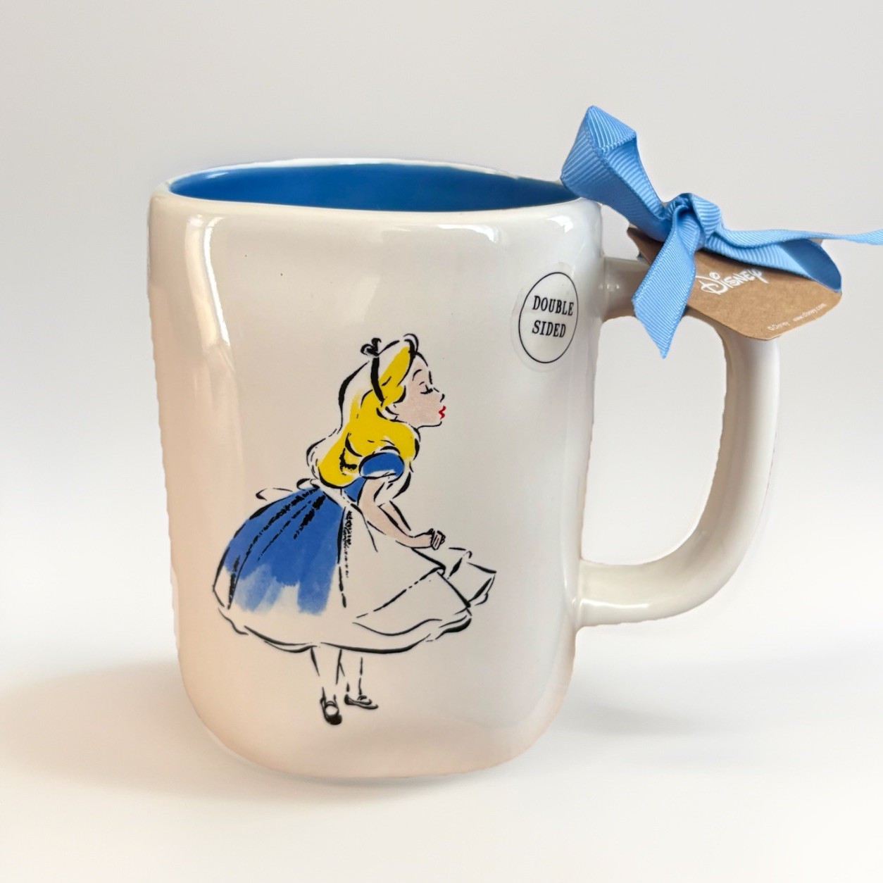 NWT RAE DUNN DISNEY ALICE IN WONDERLAND Double-Sided Ceramic Mug White/Blue Y2K