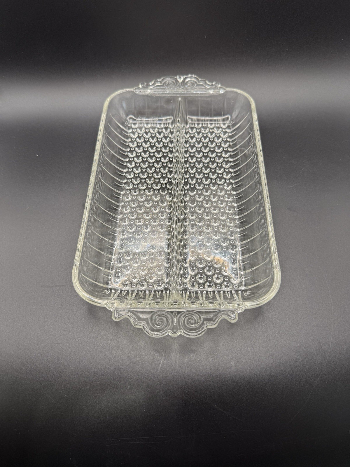 Vintage Anchor Hocking Hobnail Divided 2-Part Relish Dish Serving Tray 10″ NICE!
