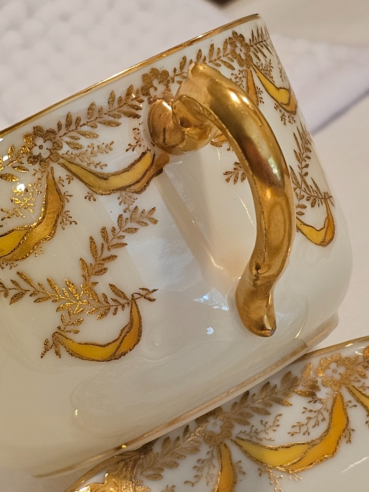 Bouillon cups w/ saucers, set of three, vintage china, Haviland, Vignaud, Saxe