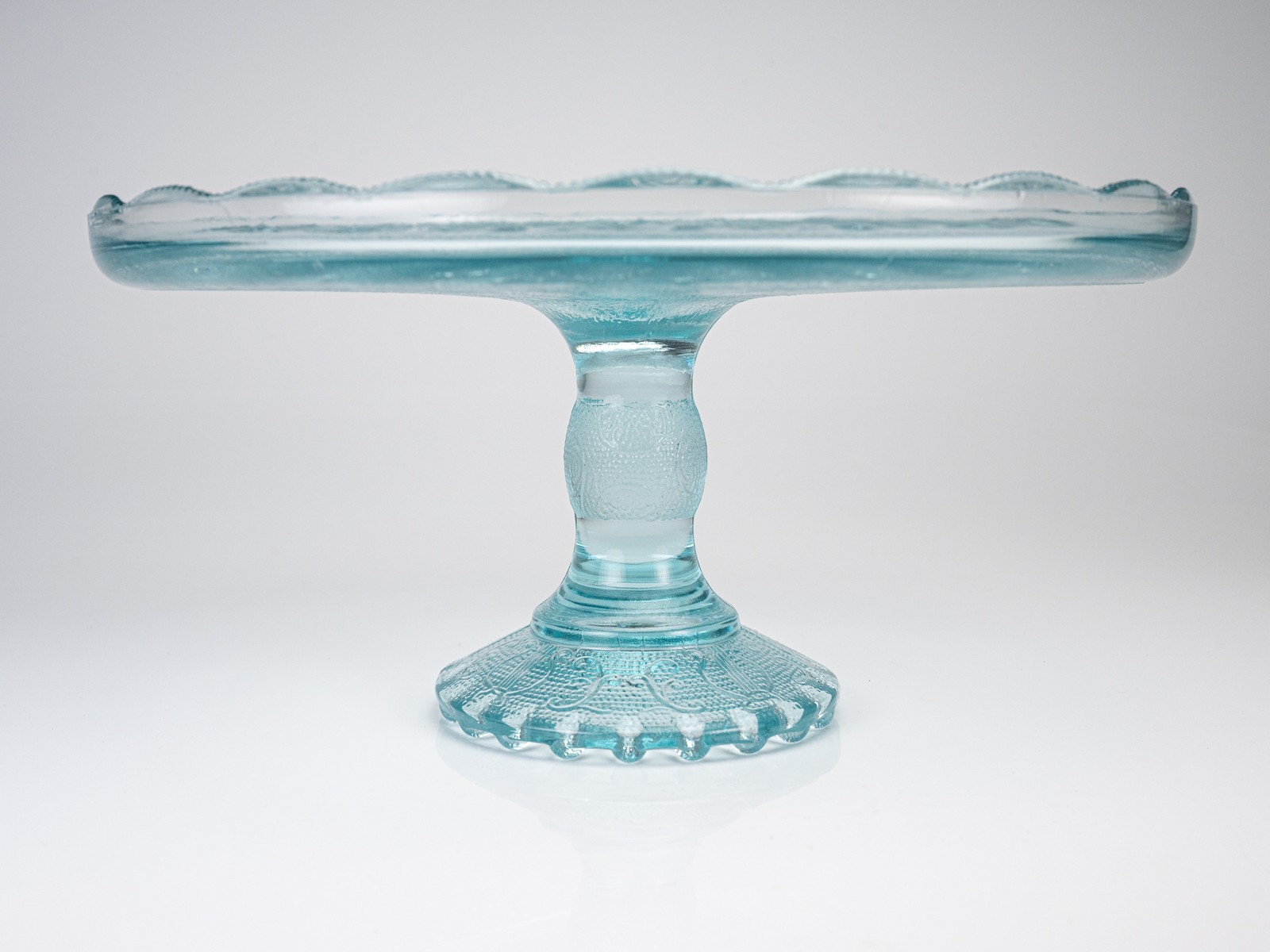 Vintage 1950s Jeannette Ice Blue Glass Feather Harp Pedestal Cake Plate Stand