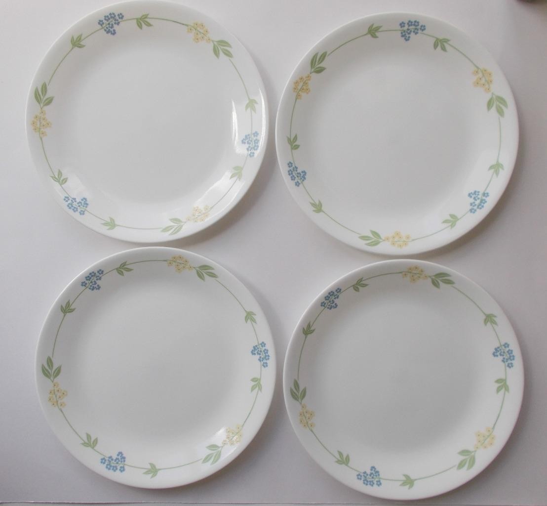 4 Corelle Secret Garden 10 1/4″ Dinner Plates by Corning Blue & Yellow Flowers