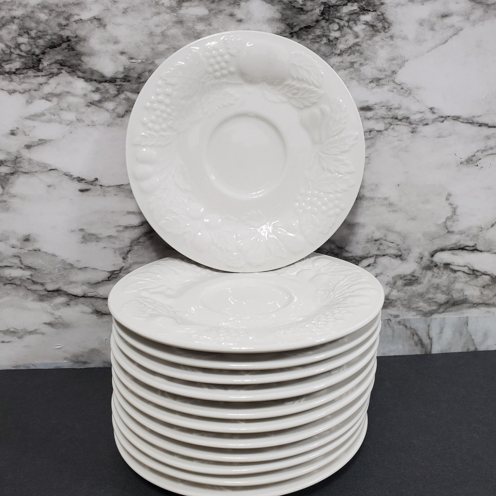 Gibson Designs Fruit Embossed Saucer Appetizer Plates 6.5″ White Round Lot of 12