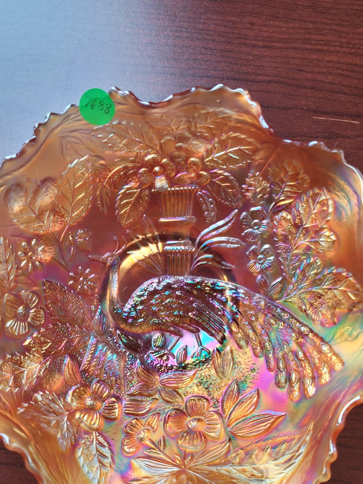 Pretty Dark Marigold Fenton Carnival Glass Peacock & Urn Pattern Bowl