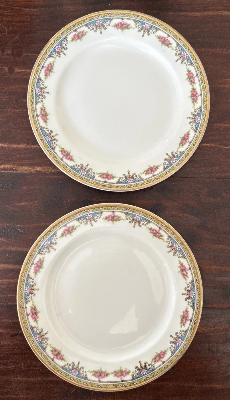 Vintage Set 2 Vignaud Limoges France Porcelain Bread Plates; Rose Garland 6.25”