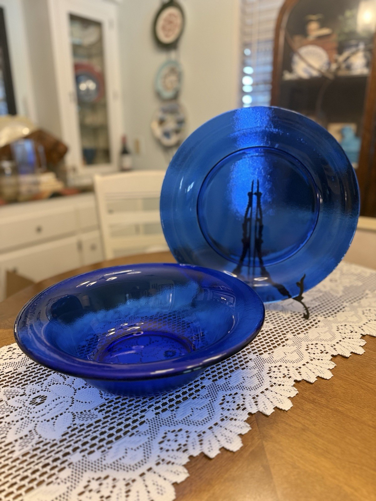 VTG Italy Cobalt Blue Texture Glass Centerpiece Set 15” Platter 13” Serving Bowl