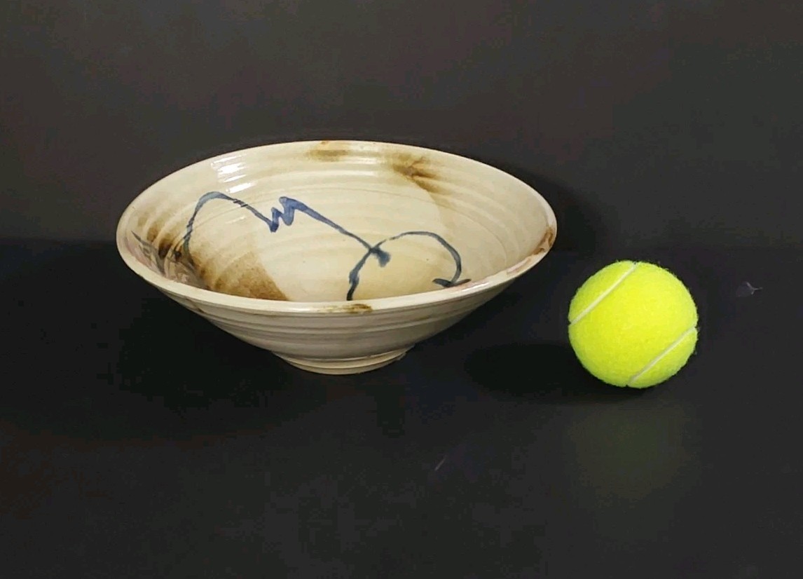 Handmade Studio Crafted Ceramic Bowl Blue Beige Abstract Round 9 in diameter