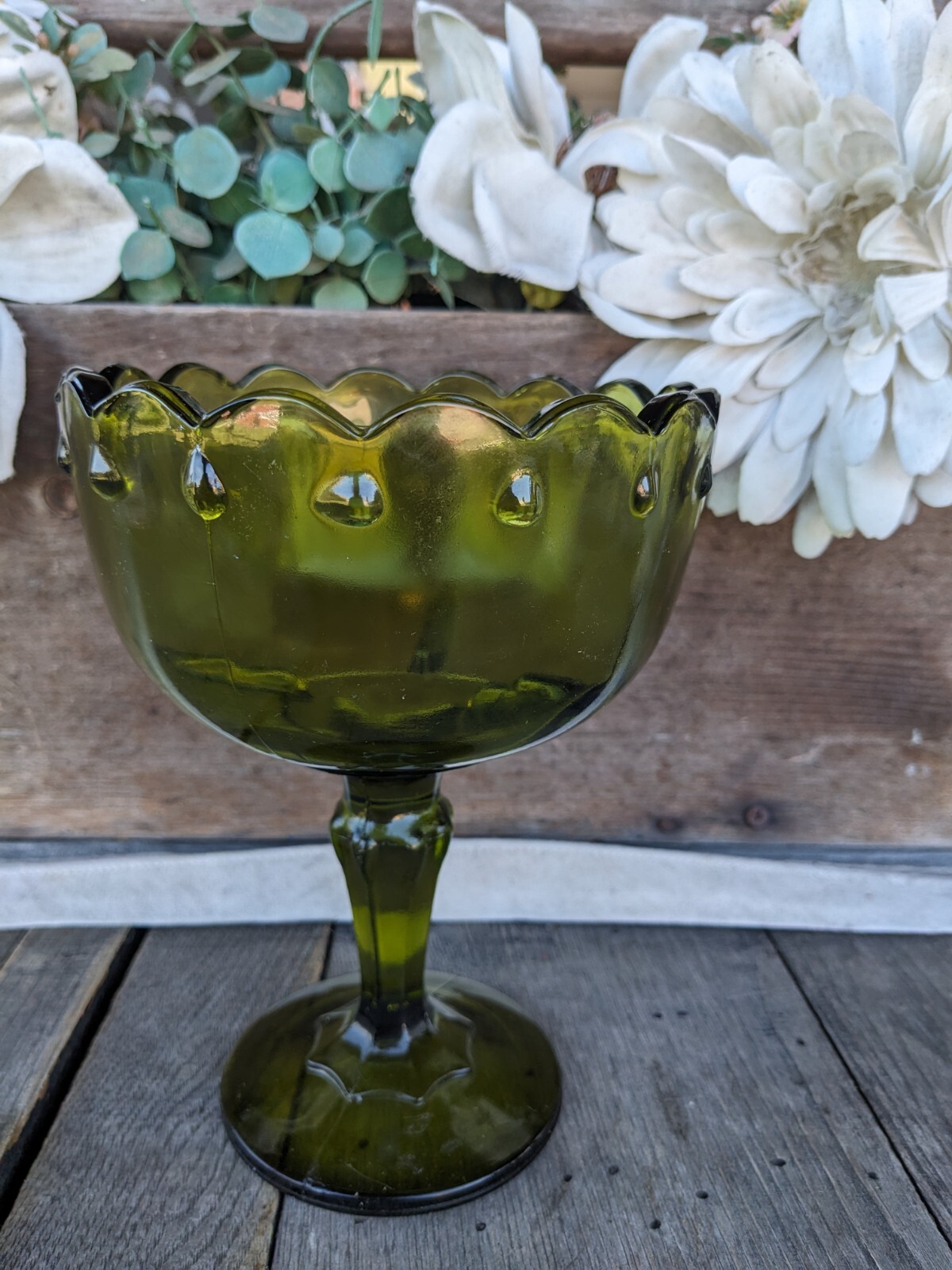 Vintage Indiana Glass Olive Green Teardrop 7.25″ Pedestal Compote