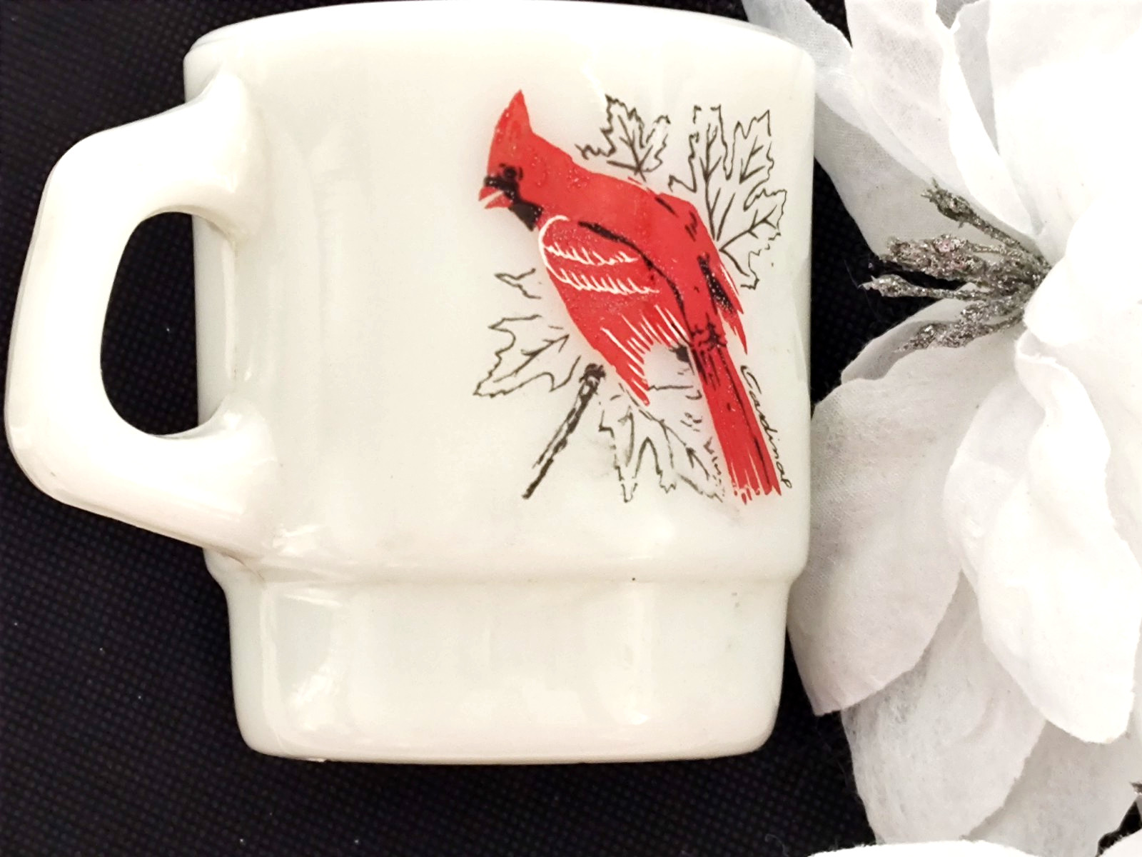 Cardimal Birds Fire King Mug EASTER Anchor Hocking Milk Glass Vtg Coffee Tea Cup