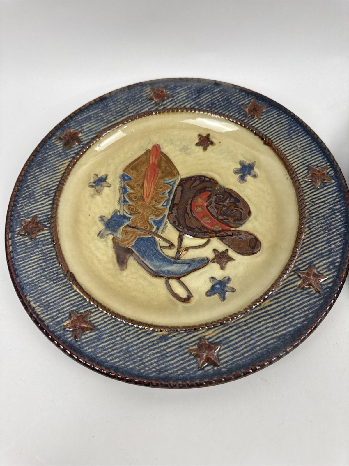2 Canyon Ranch Collection 10.75″ Round Dinner Plates Western Boot Cowboy Hat