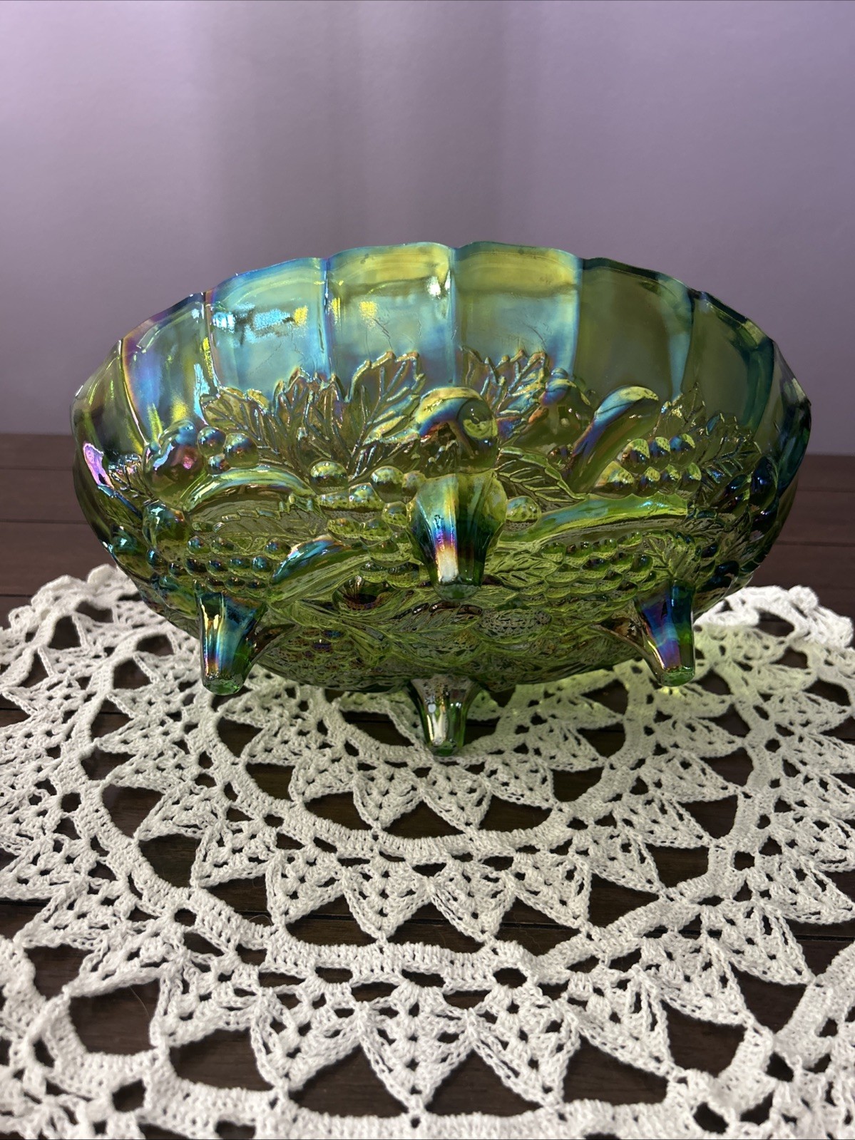 Vintage Indiana Glass Iridescent Green Carnival Glass Footed Oval Fruit Bowl 12”