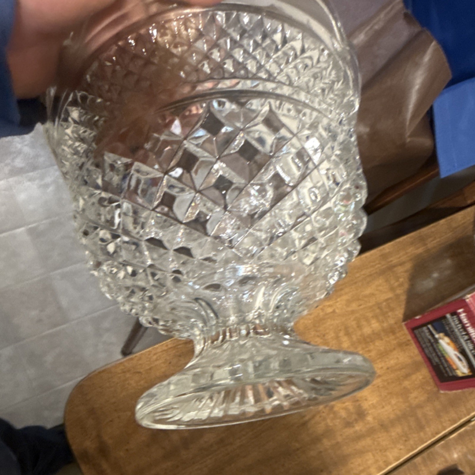 Clear Pressed Glass Pedestal Compote Bowl Diamond Pattern Decorative Round
