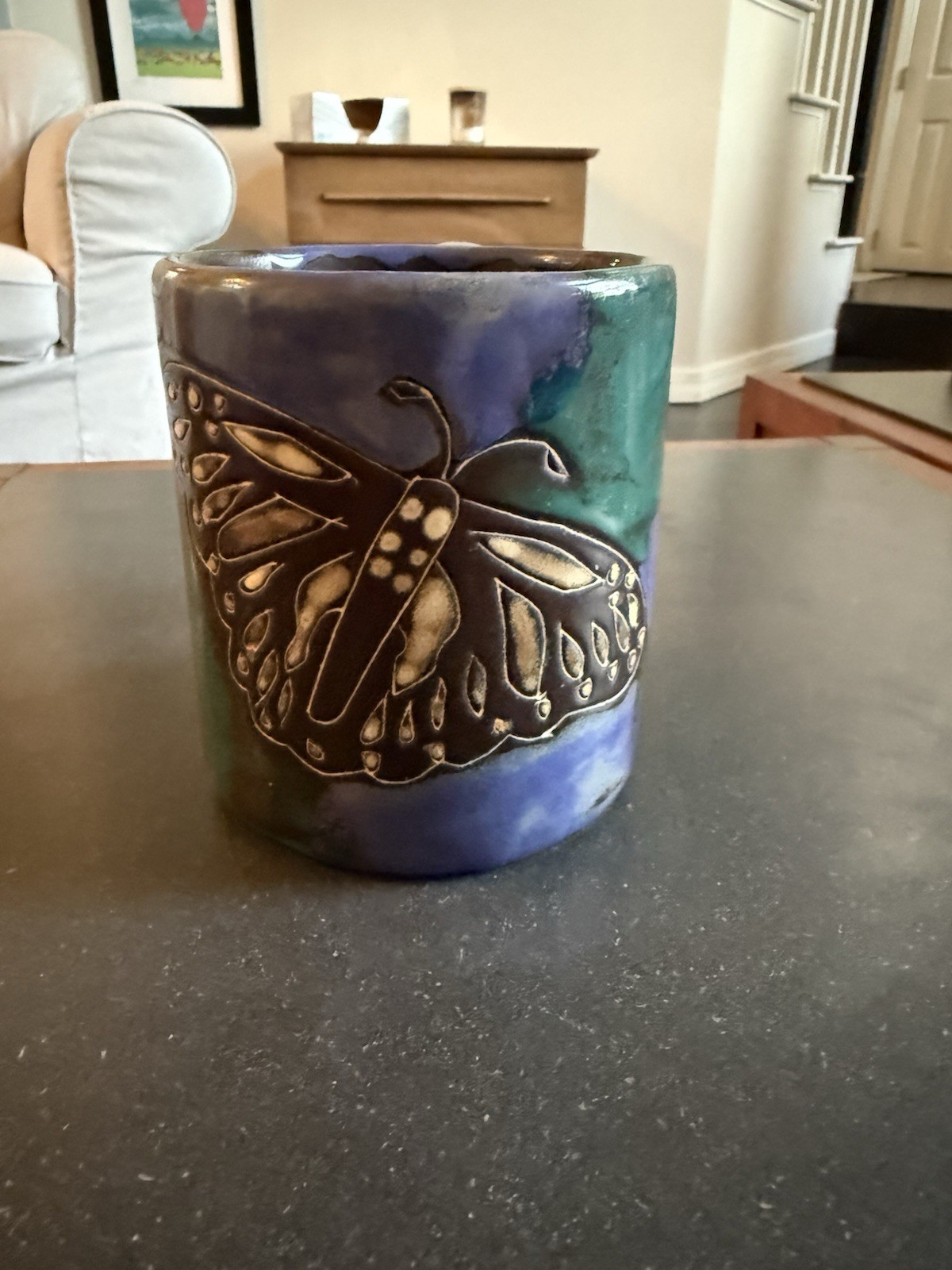 Set of 2 Mara Stoneware Pottery Fish & Butterfly Mug Tea Cup signed 4.25″H